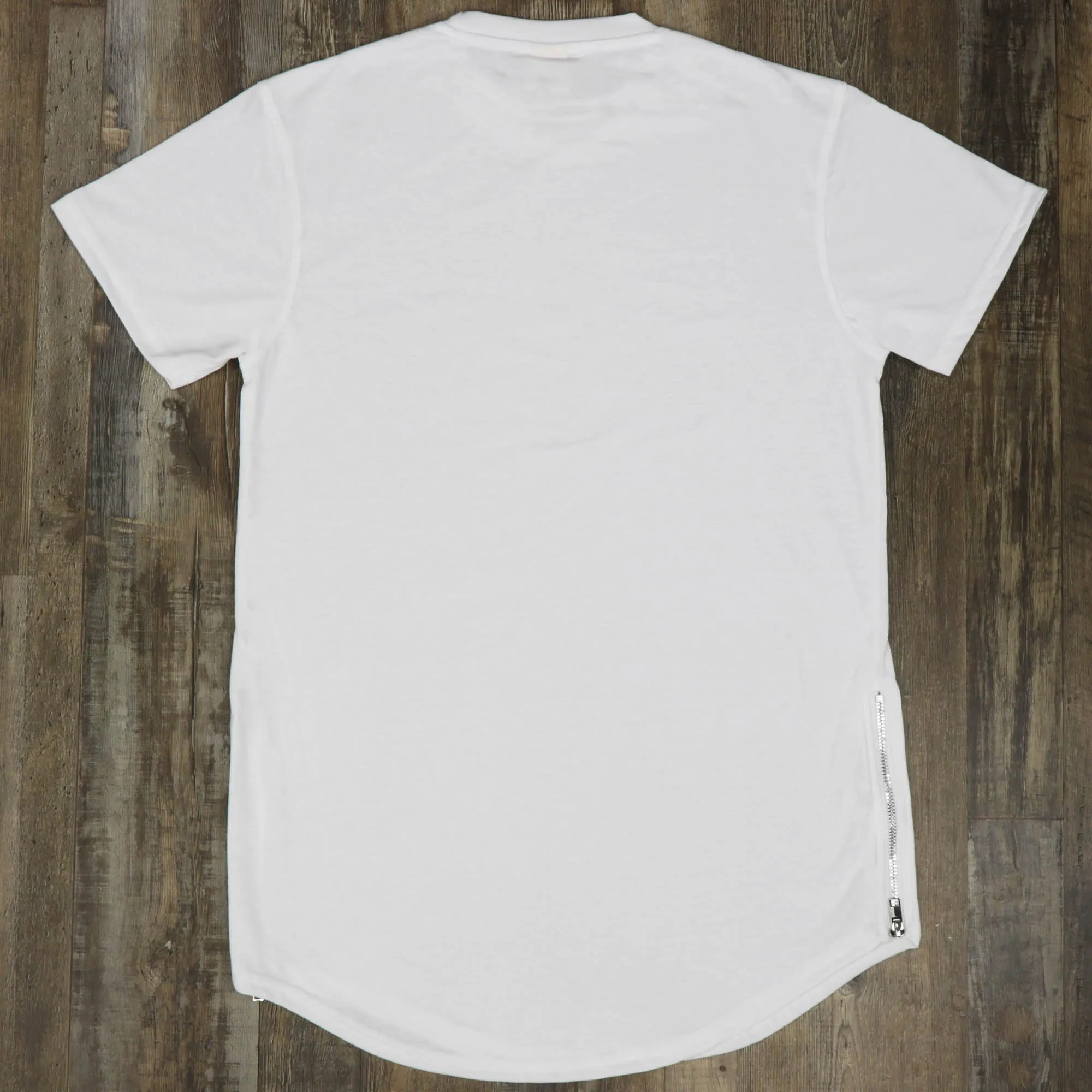 Scallop Hem Curved Bottom Long Fit Extended Men's T-Shirt with Side Zippers in White.