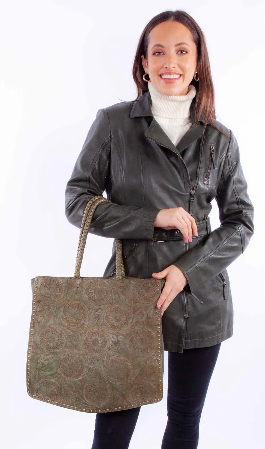 Scully Womens Large Tooled Olive Leather Shoulder Tote Bag