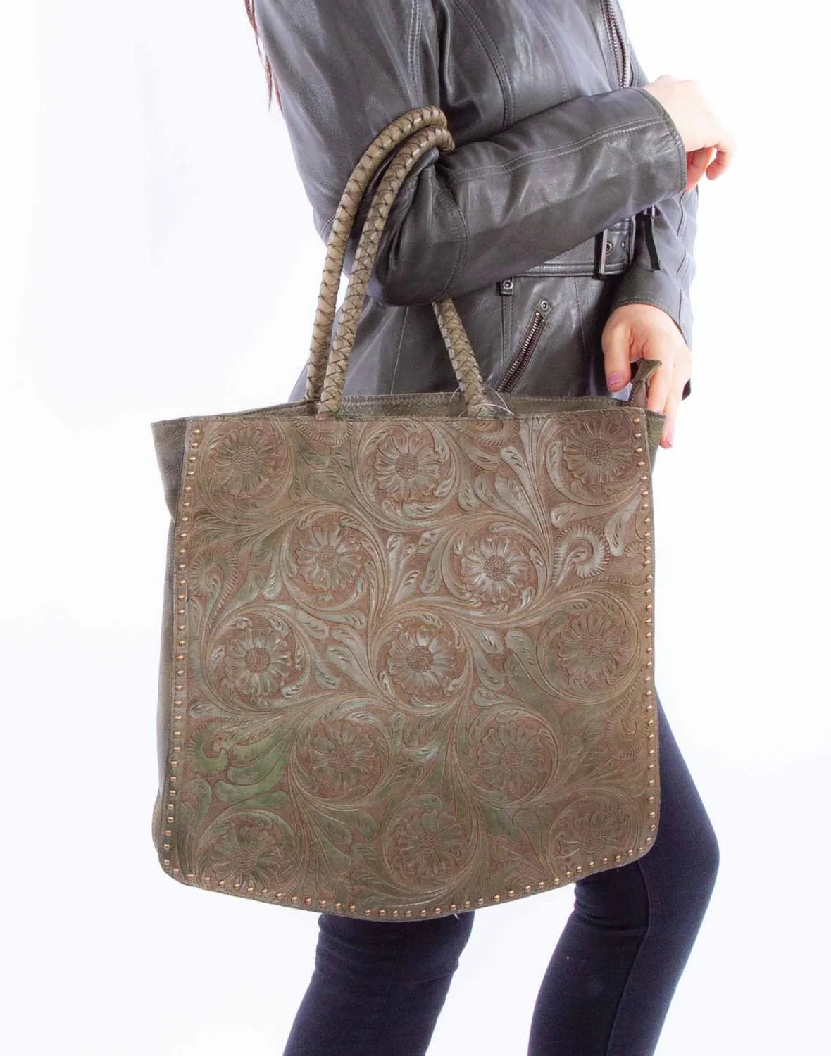 Scully Womens Large Tooled Olive Leather Shoulder Tote Bag