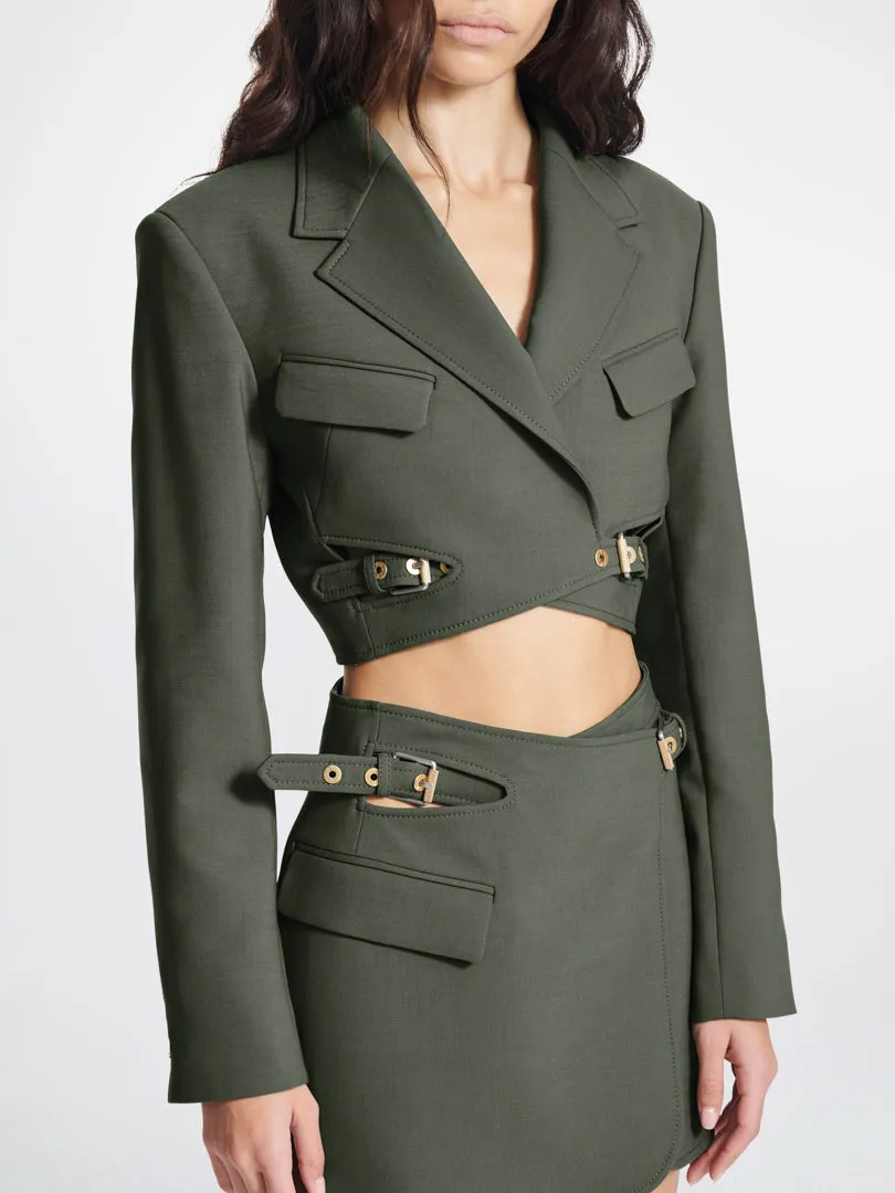 SHADOW GREEN INTERLOCK CROPPED BLAZER