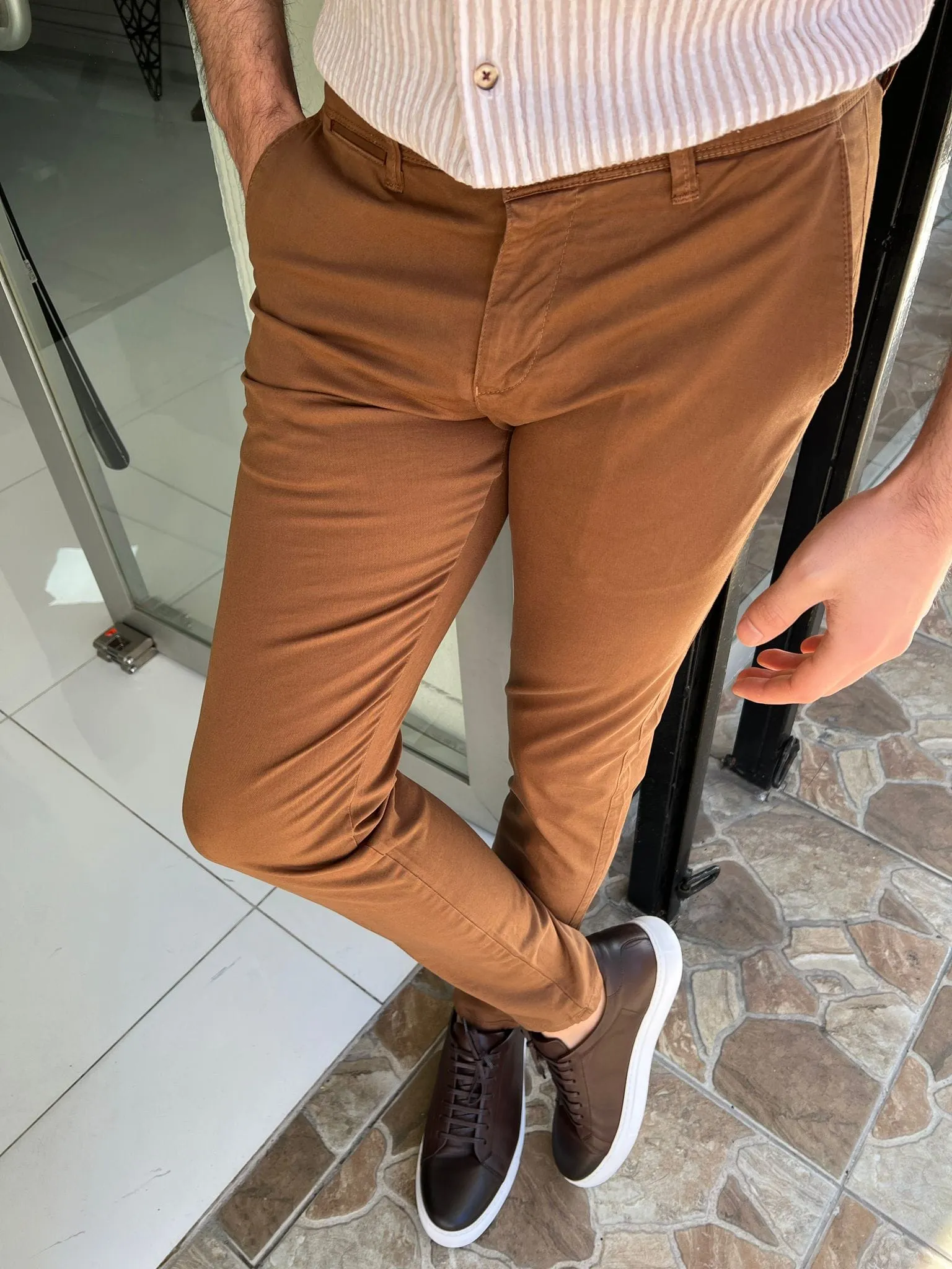 Slim Fit Khaki Cotton Trousers