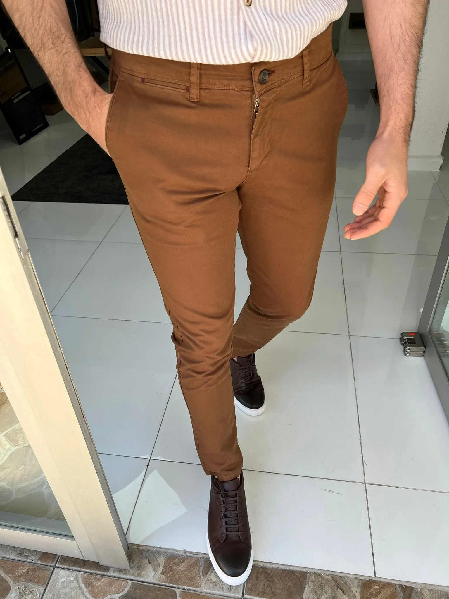 Slim Fit Khaki Cotton Trousers