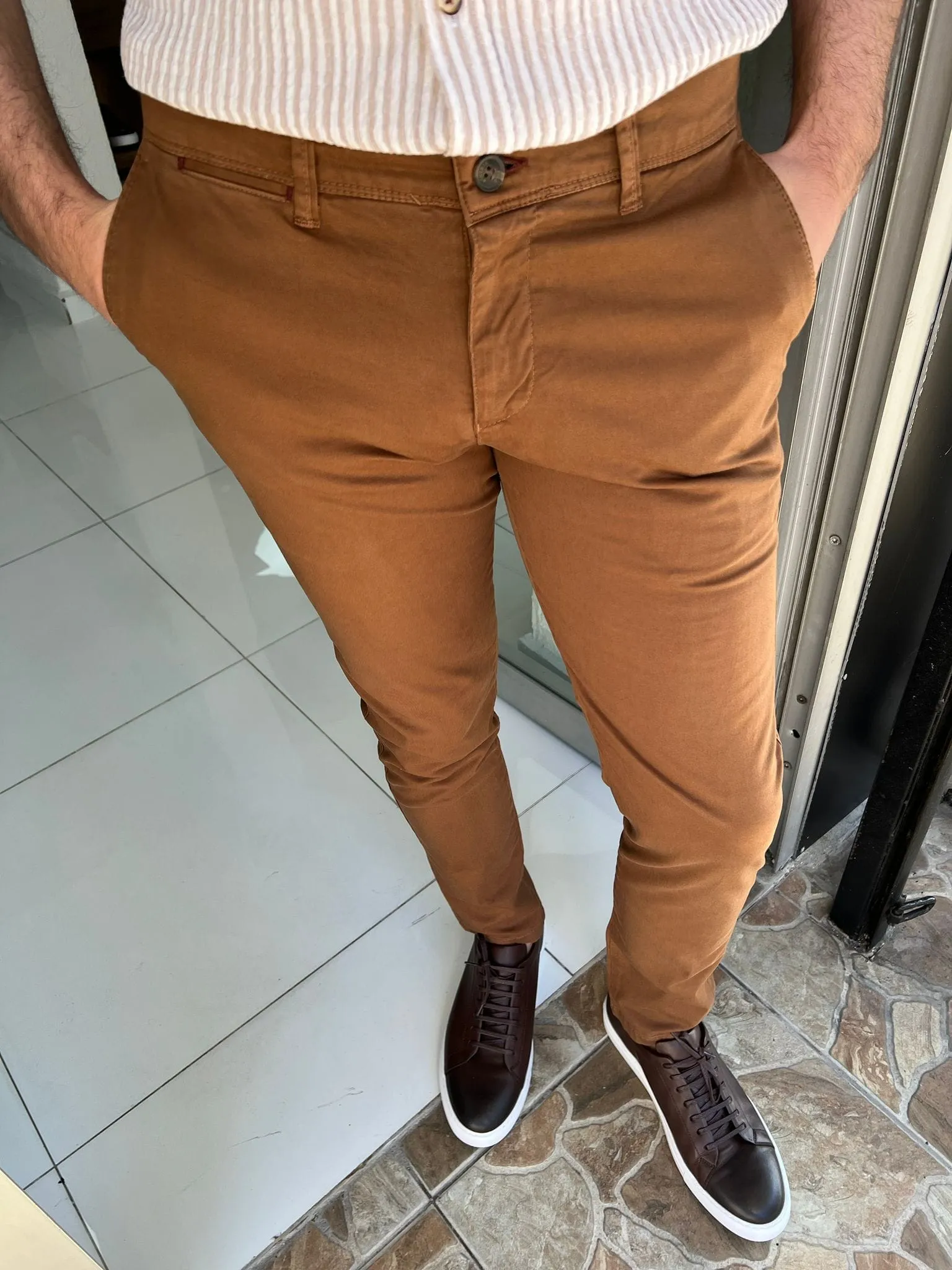 Slim Fit Khaki Cotton Trousers