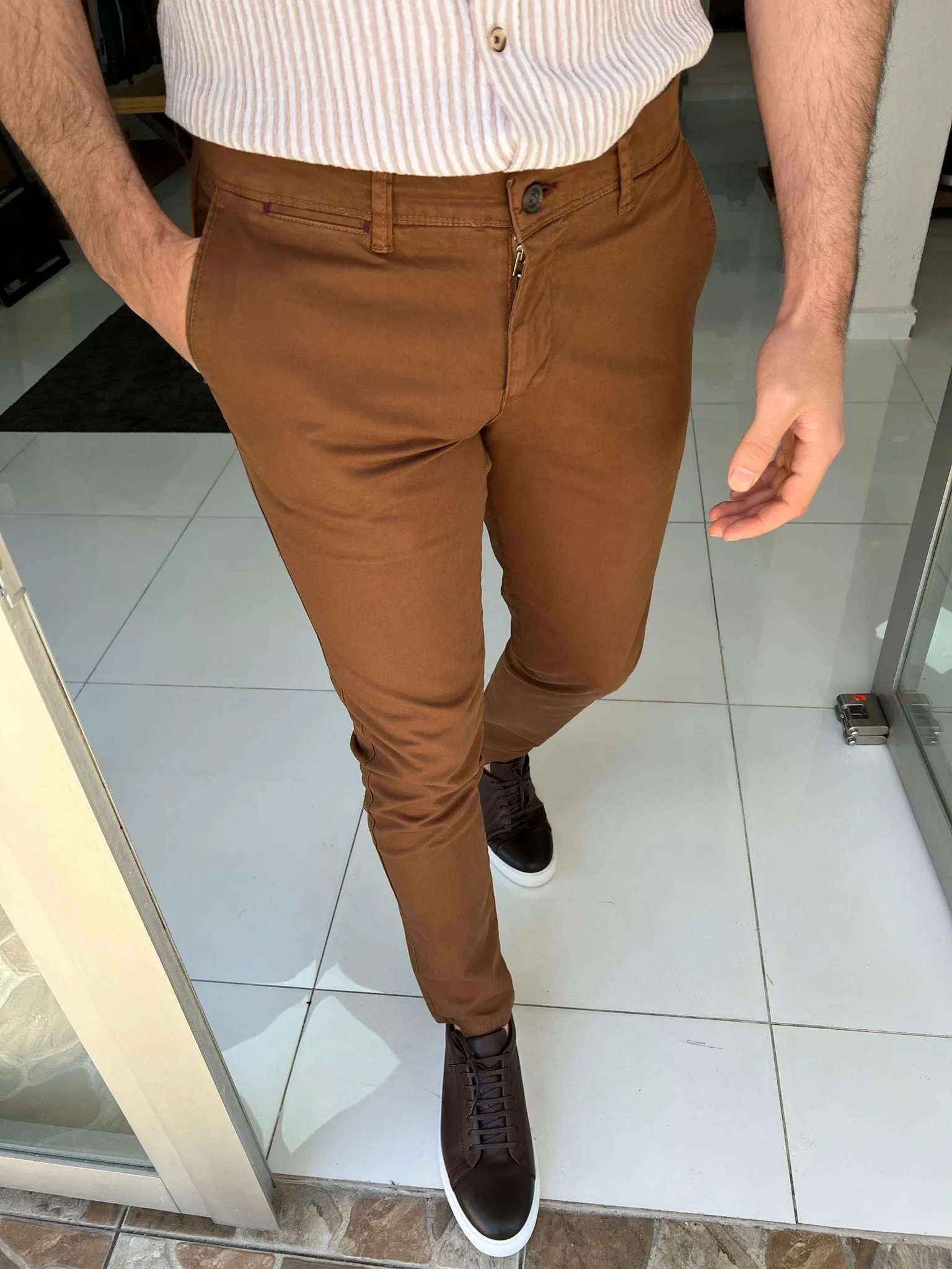 Slim Fit Khaki Cotton Trousers