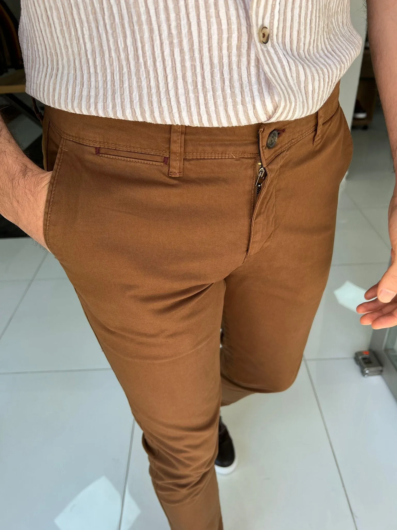 Slim Fit Khaki Cotton Trousers