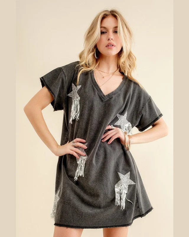 Star Print Fringed Shirt Dress