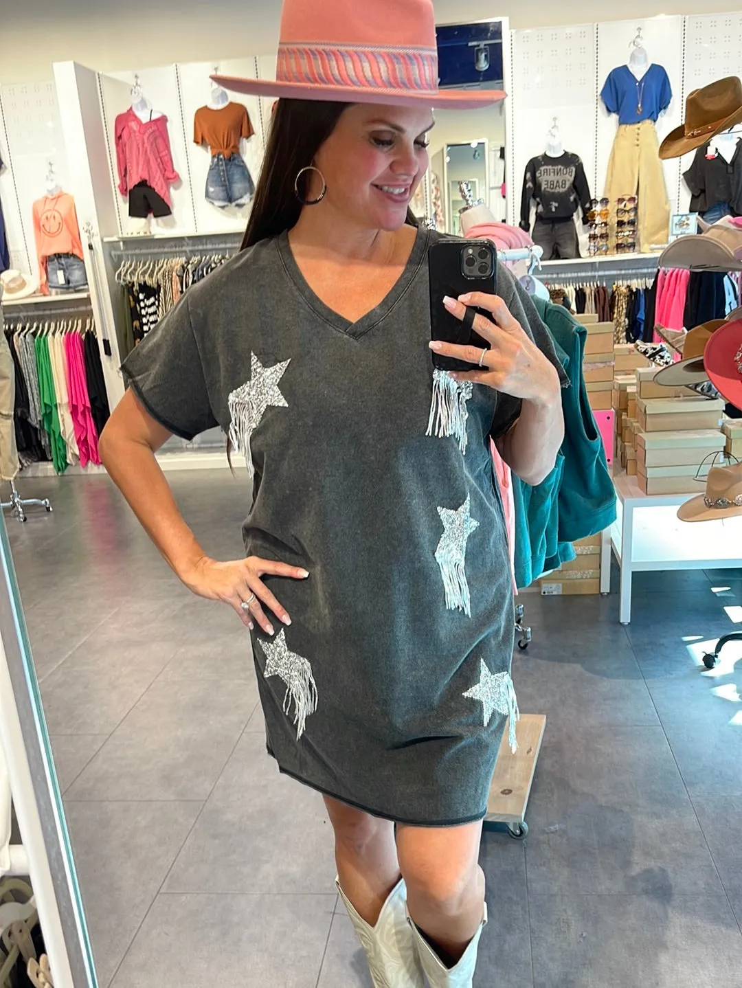 Star Print Fringed Shirt Dress