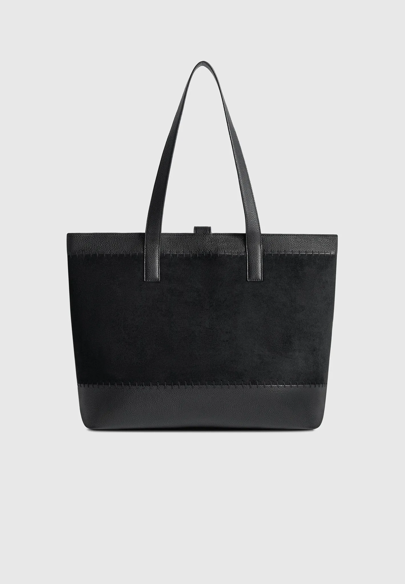 Suede & Pebbled Leather Whipstitch Tote Bag - Black