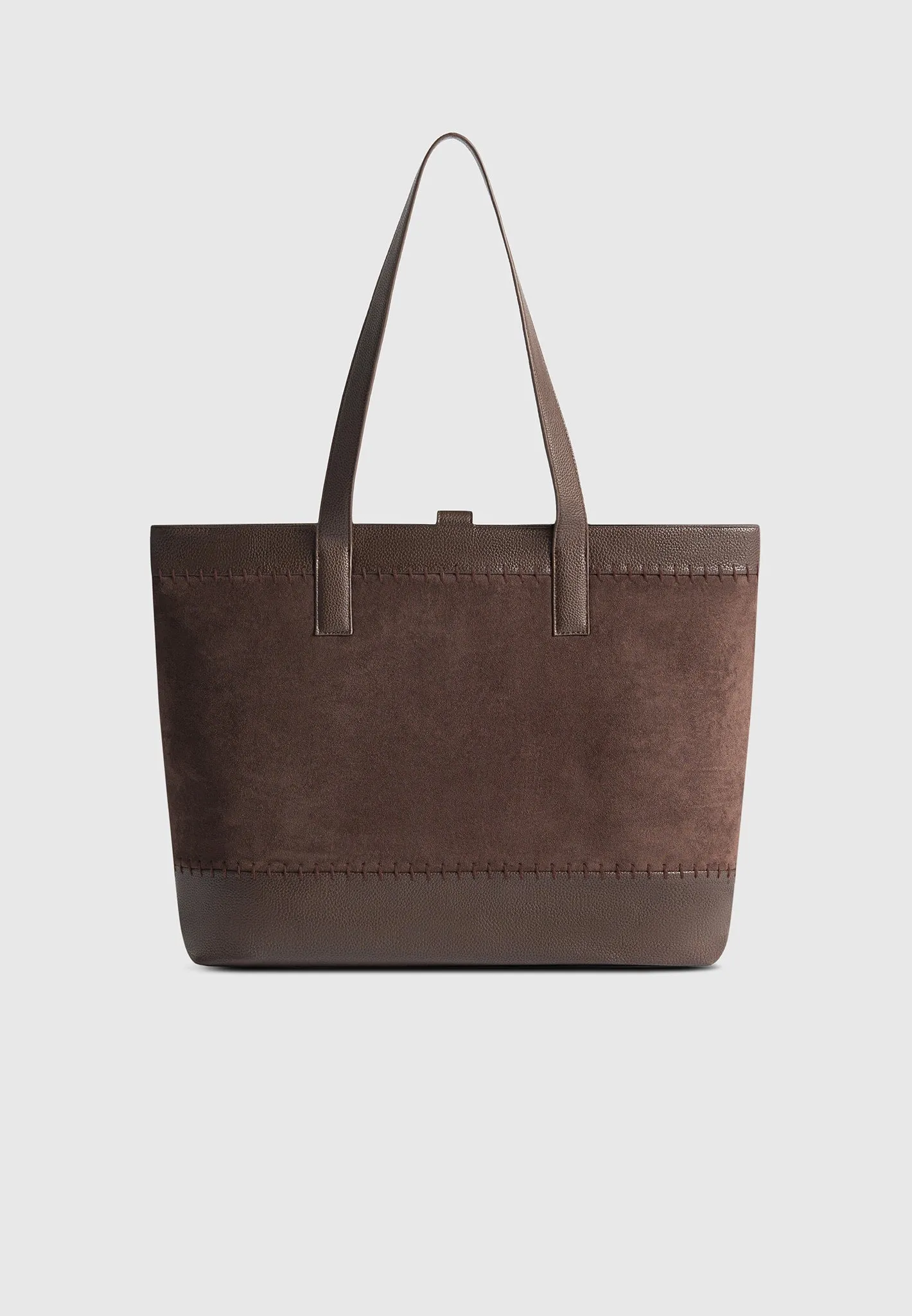 Suede & Pebbled Leather Whipstitch Tote Bag - Brown