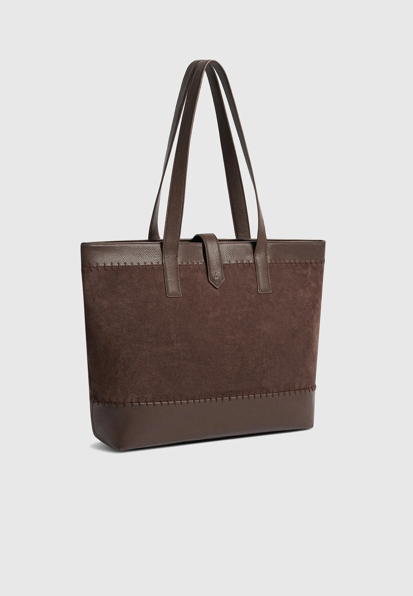 Suede & Pebbled Leather Whipstitch Tote Bag - Brown