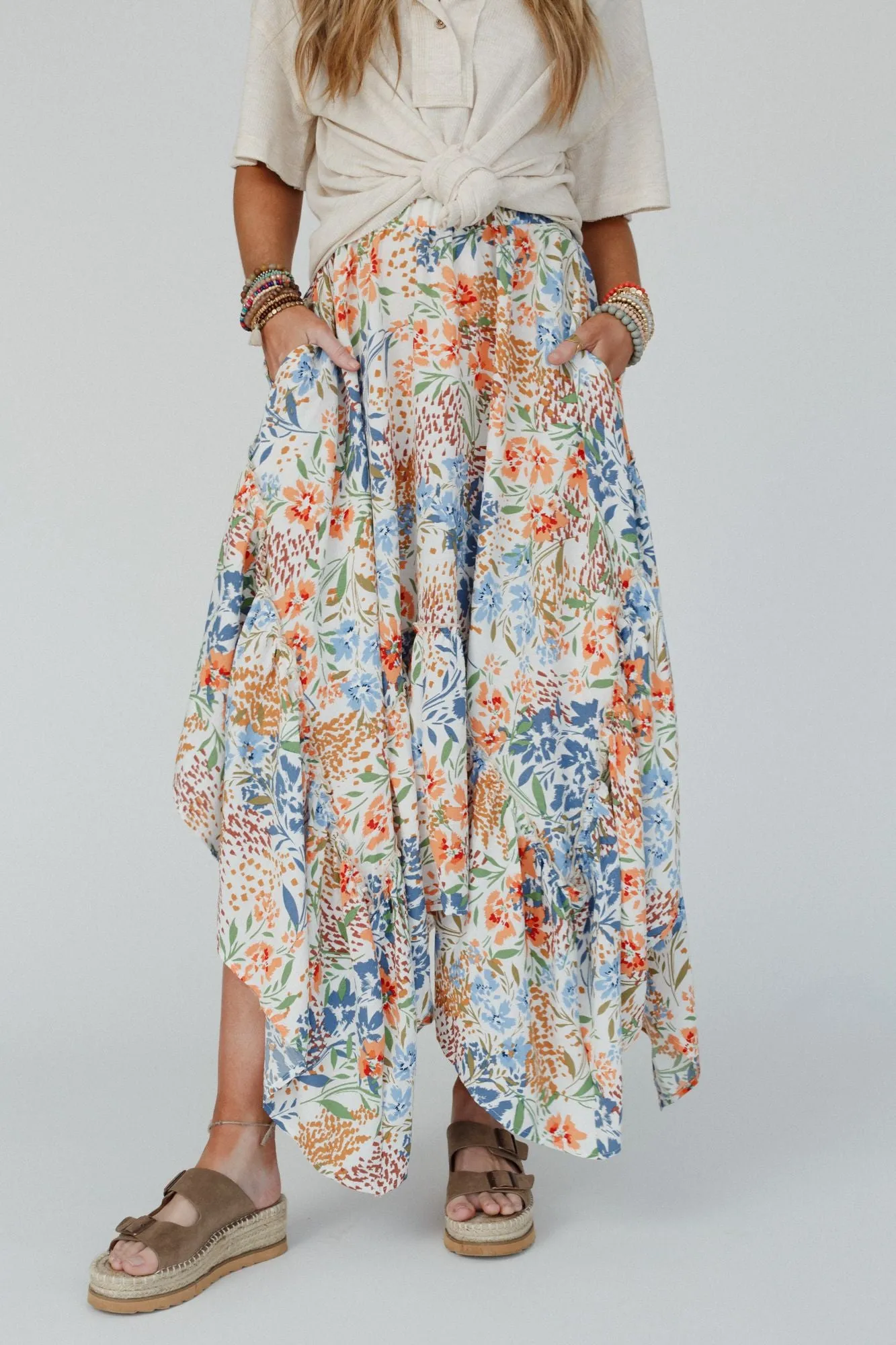 Swing Of Things Floral Pocketed Midi Skirt