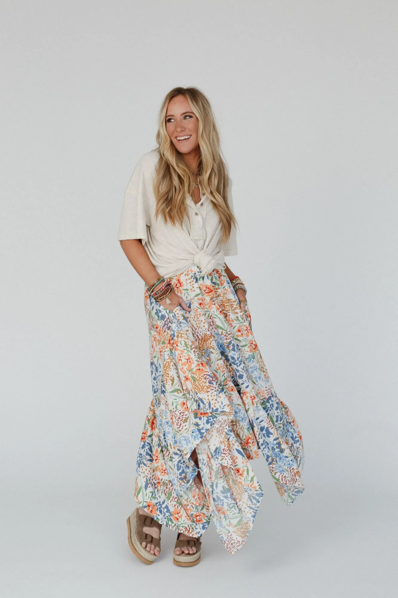 Swing Of Things Floral Pocketed Midi Skirt