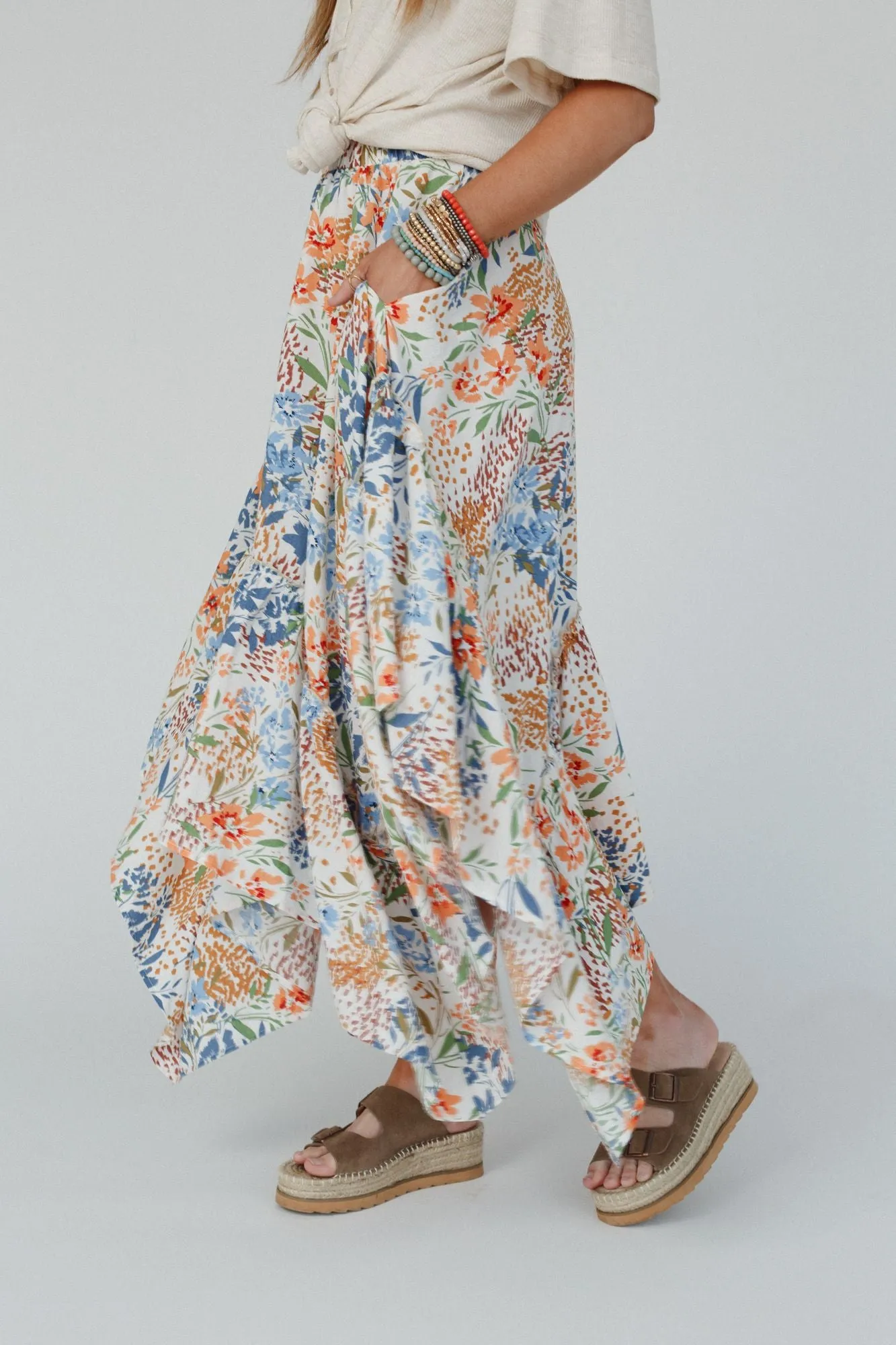 Swing Of Things Floral Pocketed Midi Skirt