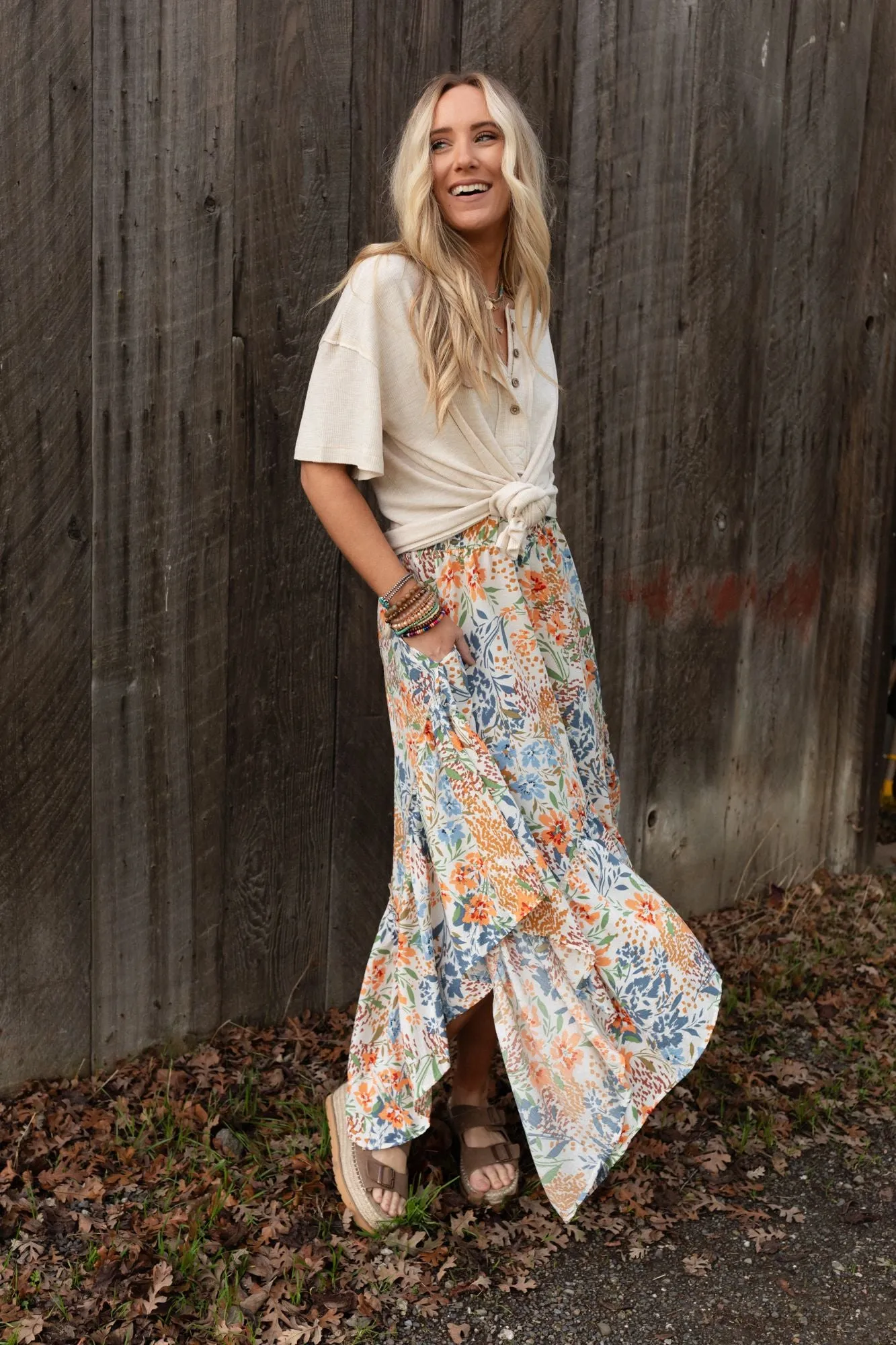 Swing Of Things Floral Pocketed Midi Skirt