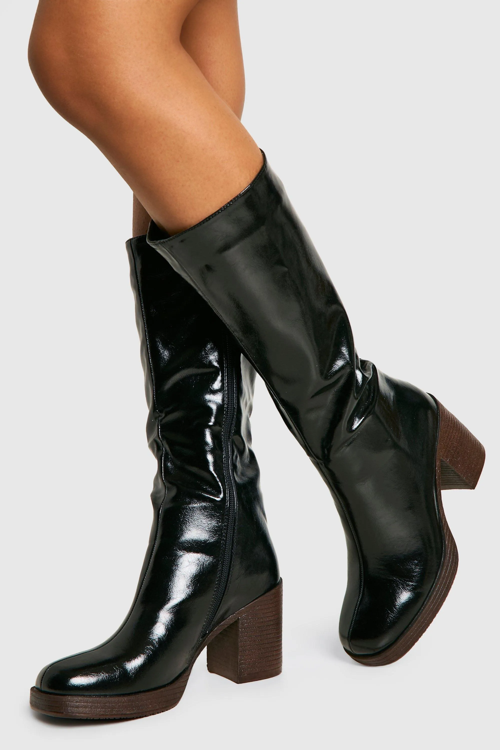 Textured Patent Heeled Knee High Boots