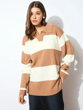 Women Beige And White Polo Neck Sweater