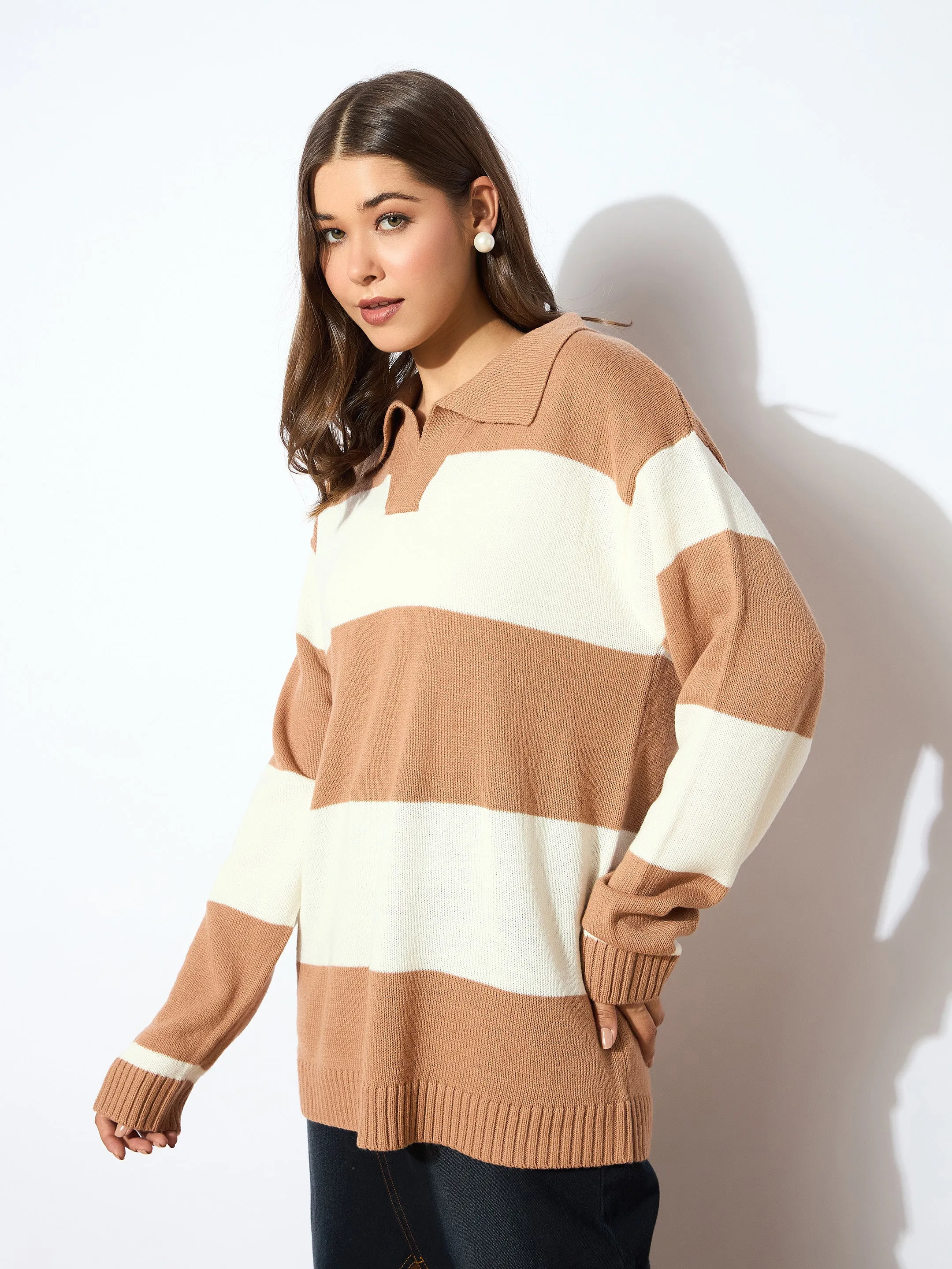 Women Beige And White Polo Neck Sweater