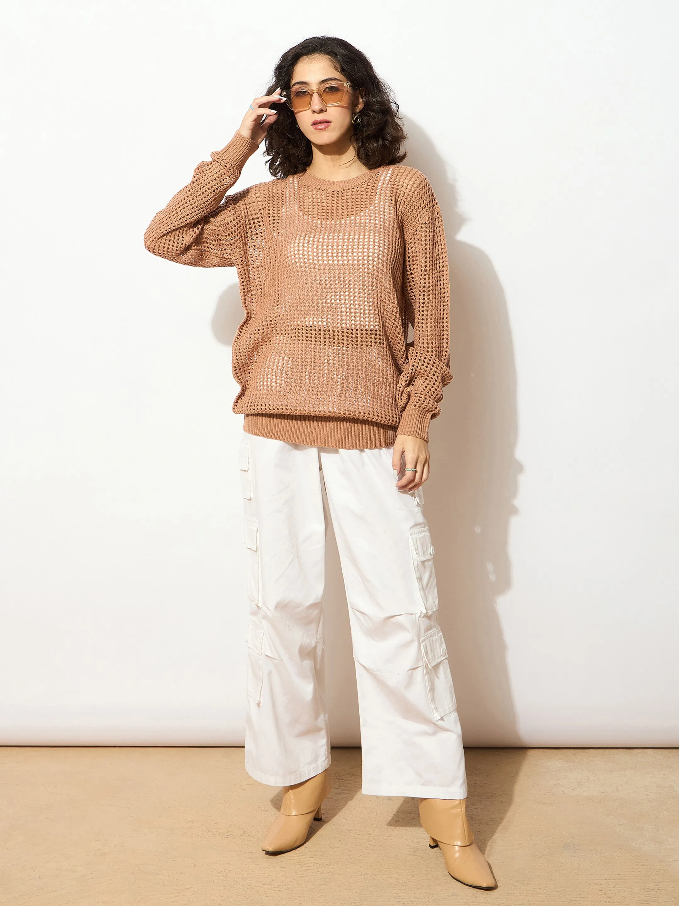 Women Beige Oversized Crochet Sweater