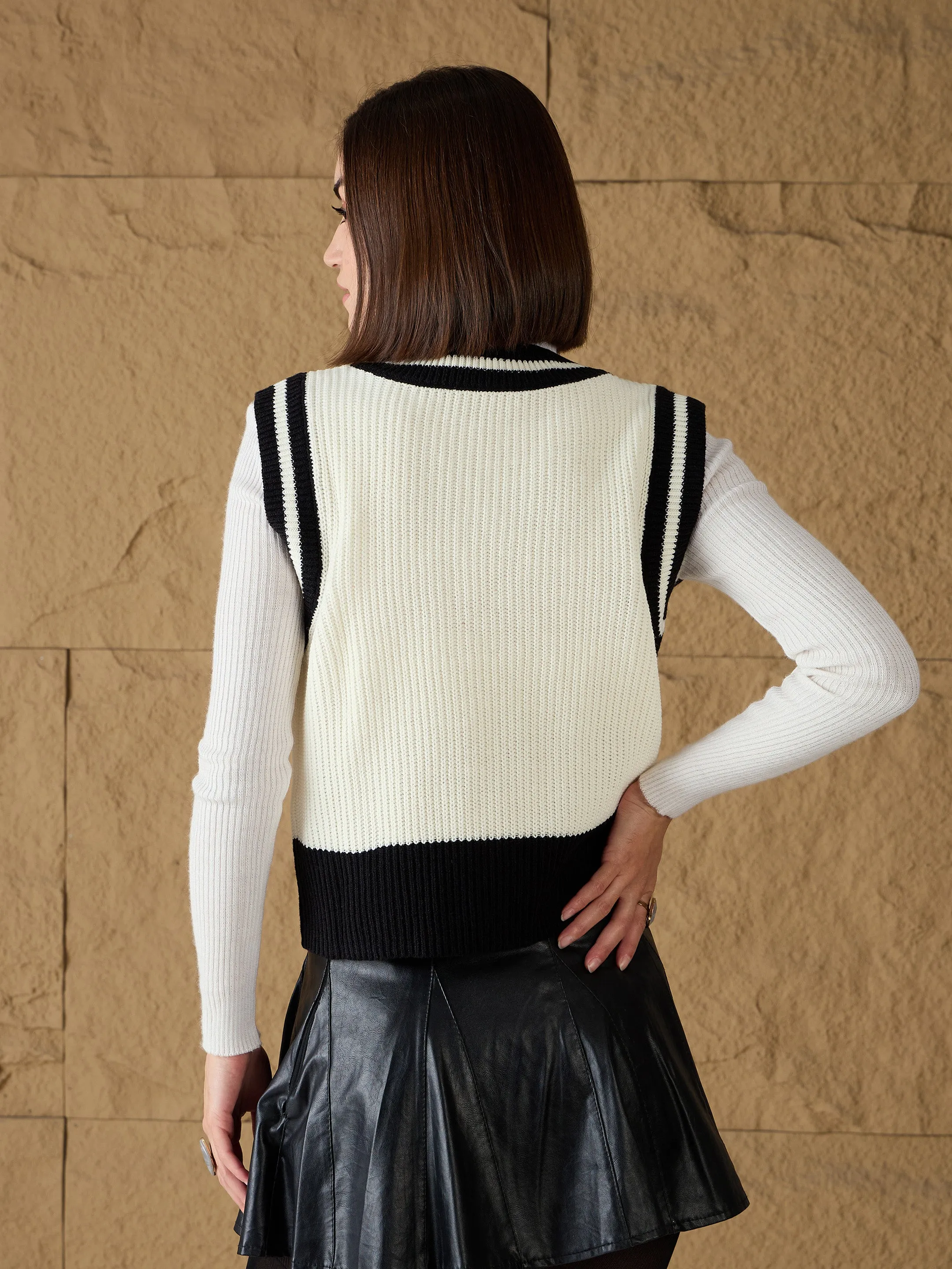 Women Black & White Striped V-Neck Sweater Vest