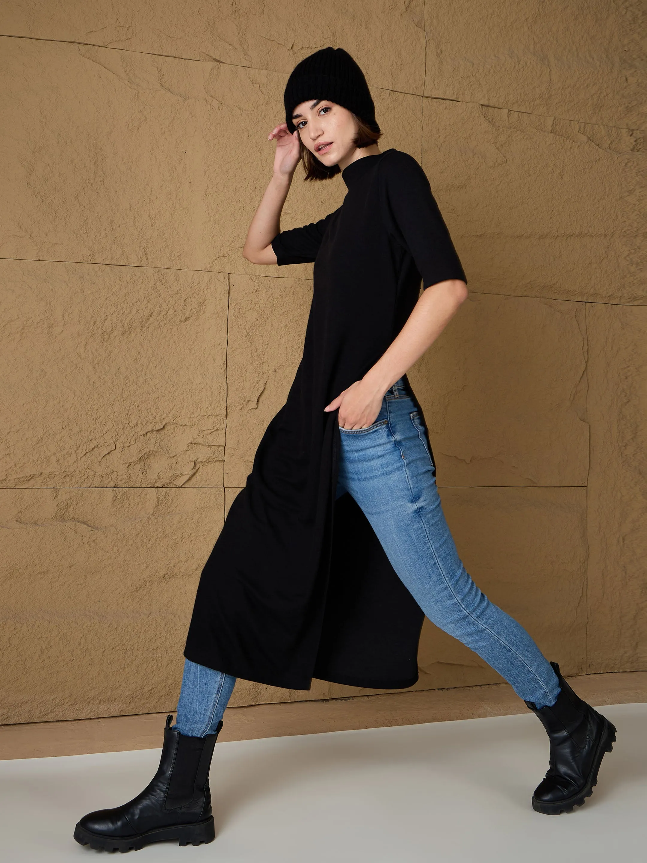 Women Black High-Neck High Slit Sweater