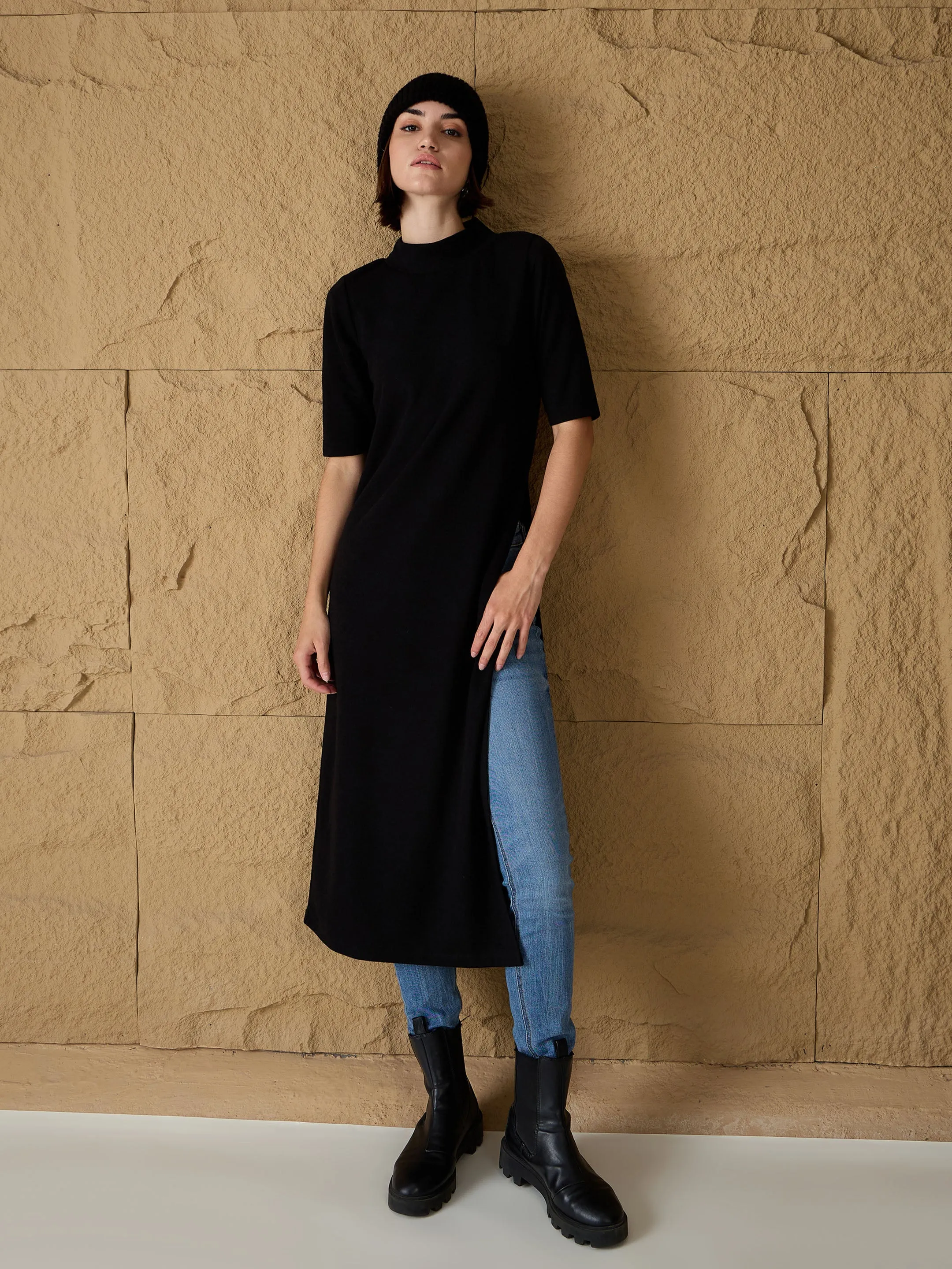 Women Black High-Neck High Slit Sweater