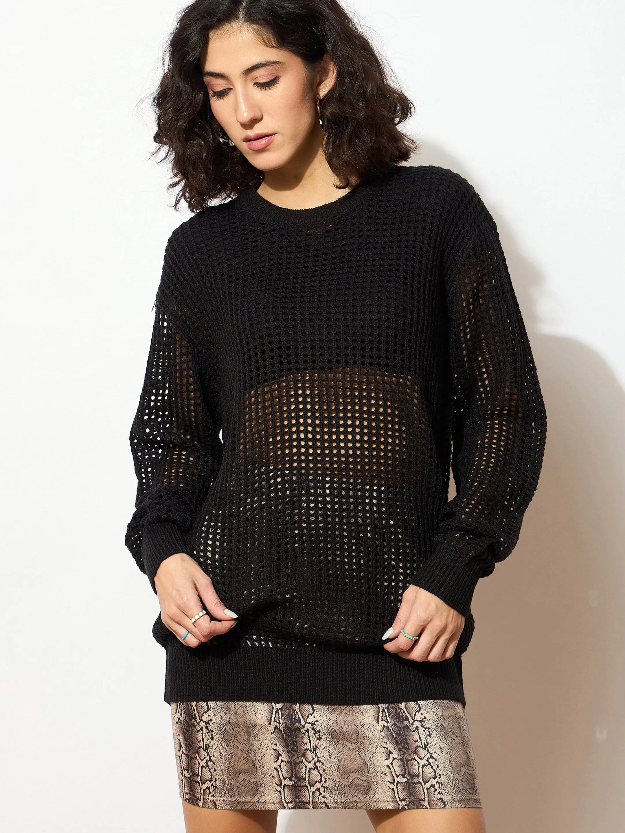 Women Black Oversized Crochet Sweater