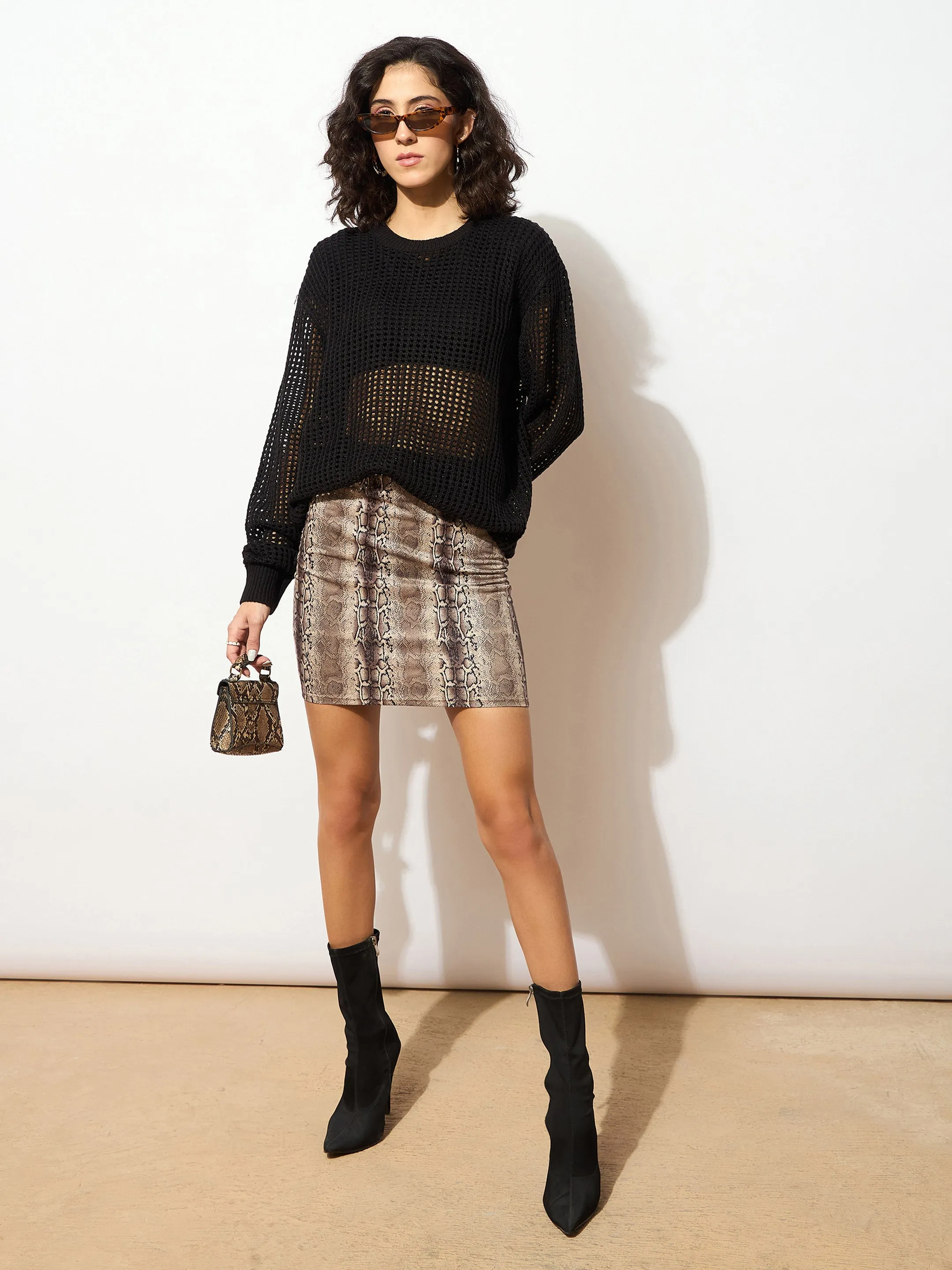 Women Black Oversized Crochet Sweater