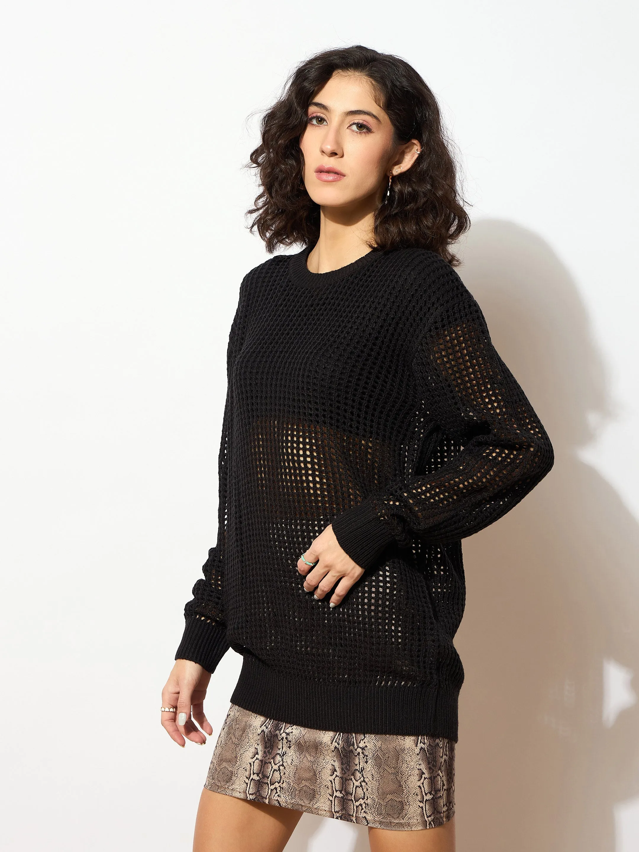 Women Black Oversized Crochet Sweater