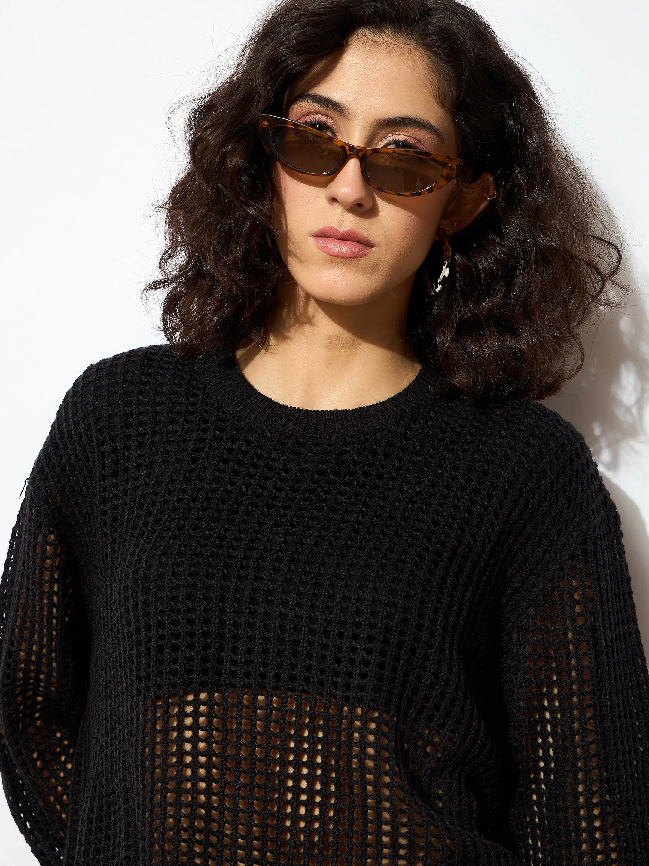 Women Black Oversized Crochet Sweater