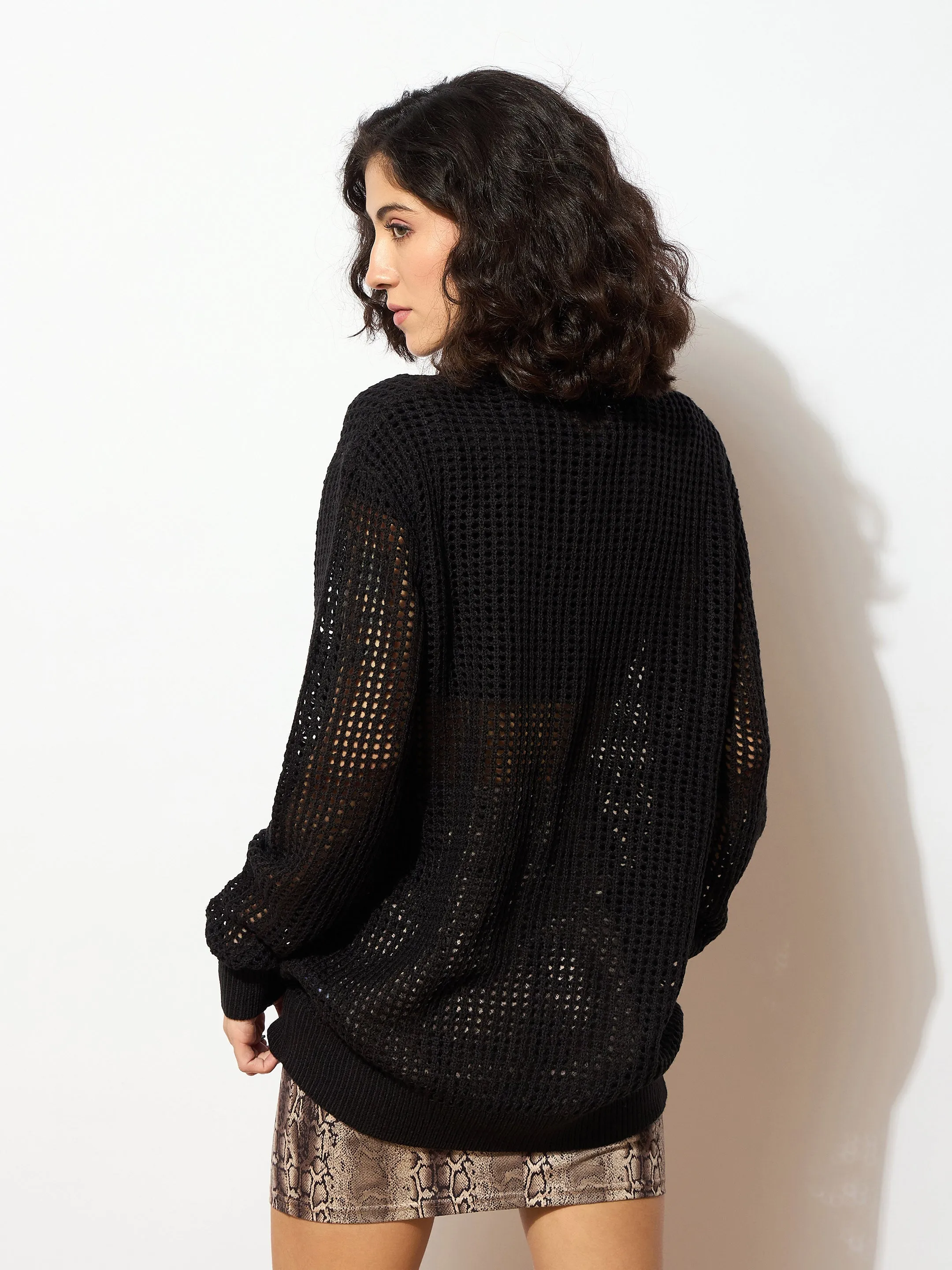 Women Black Oversized Crochet Sweater