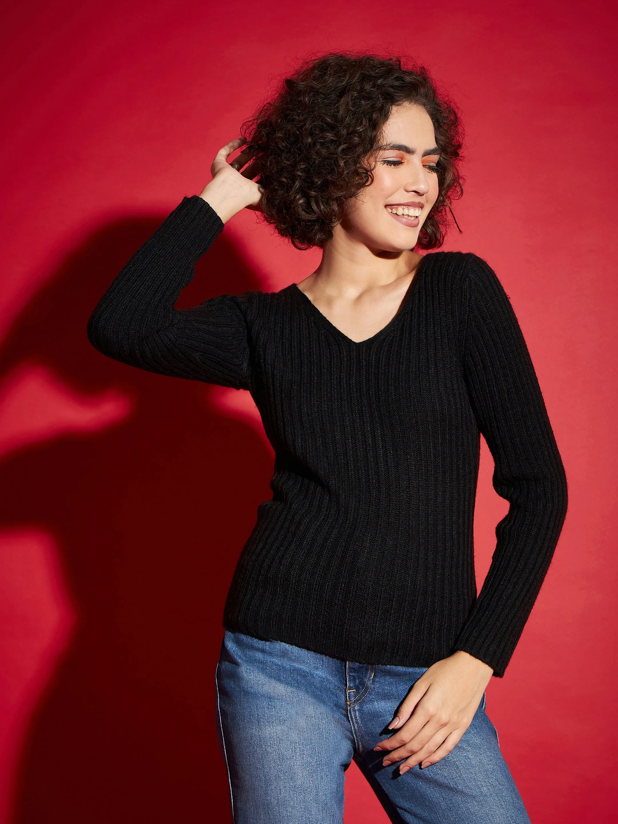 Women Black Rib V-Neck Sweater