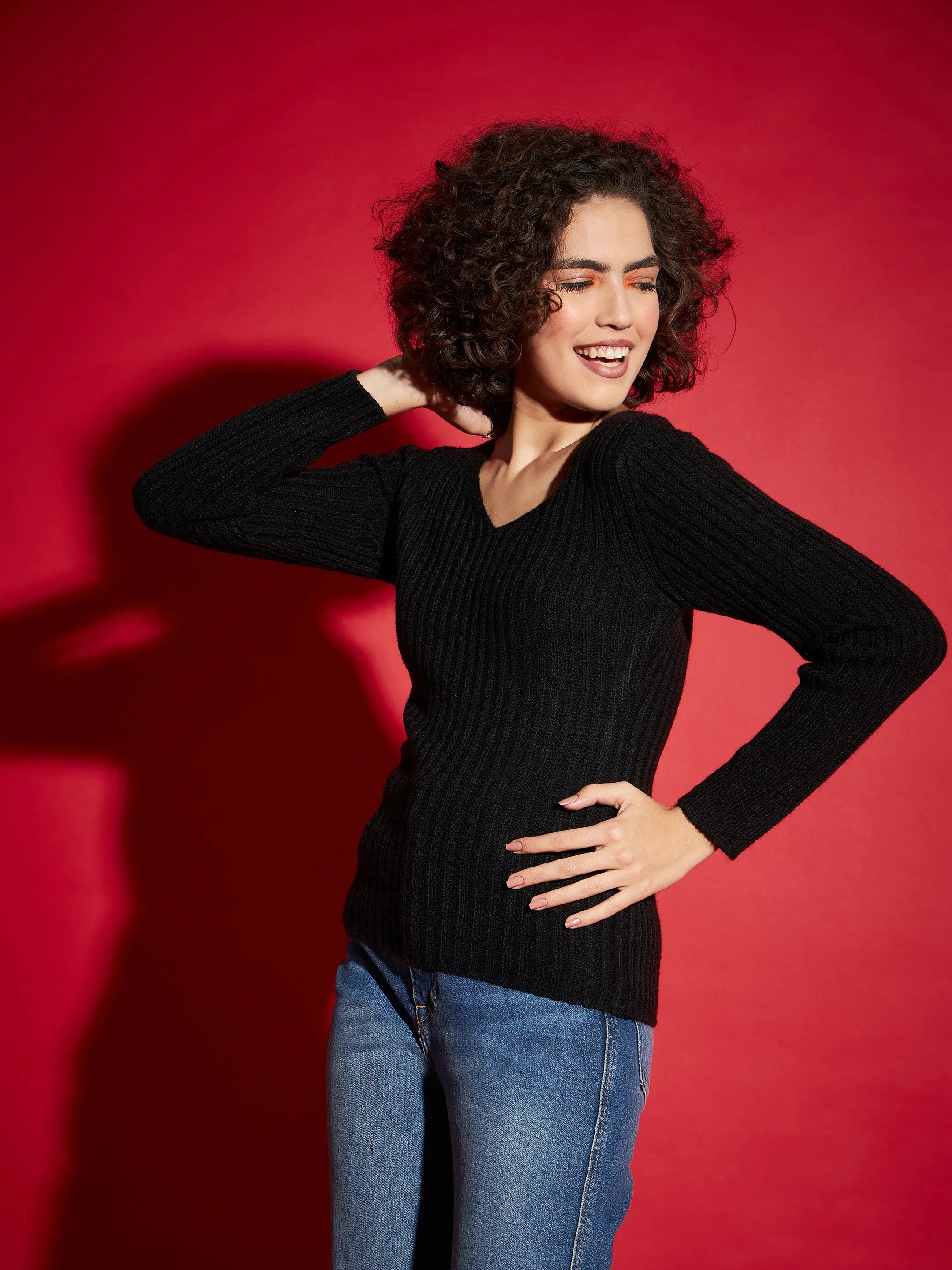 Women Black Rib V-Neck Sweater