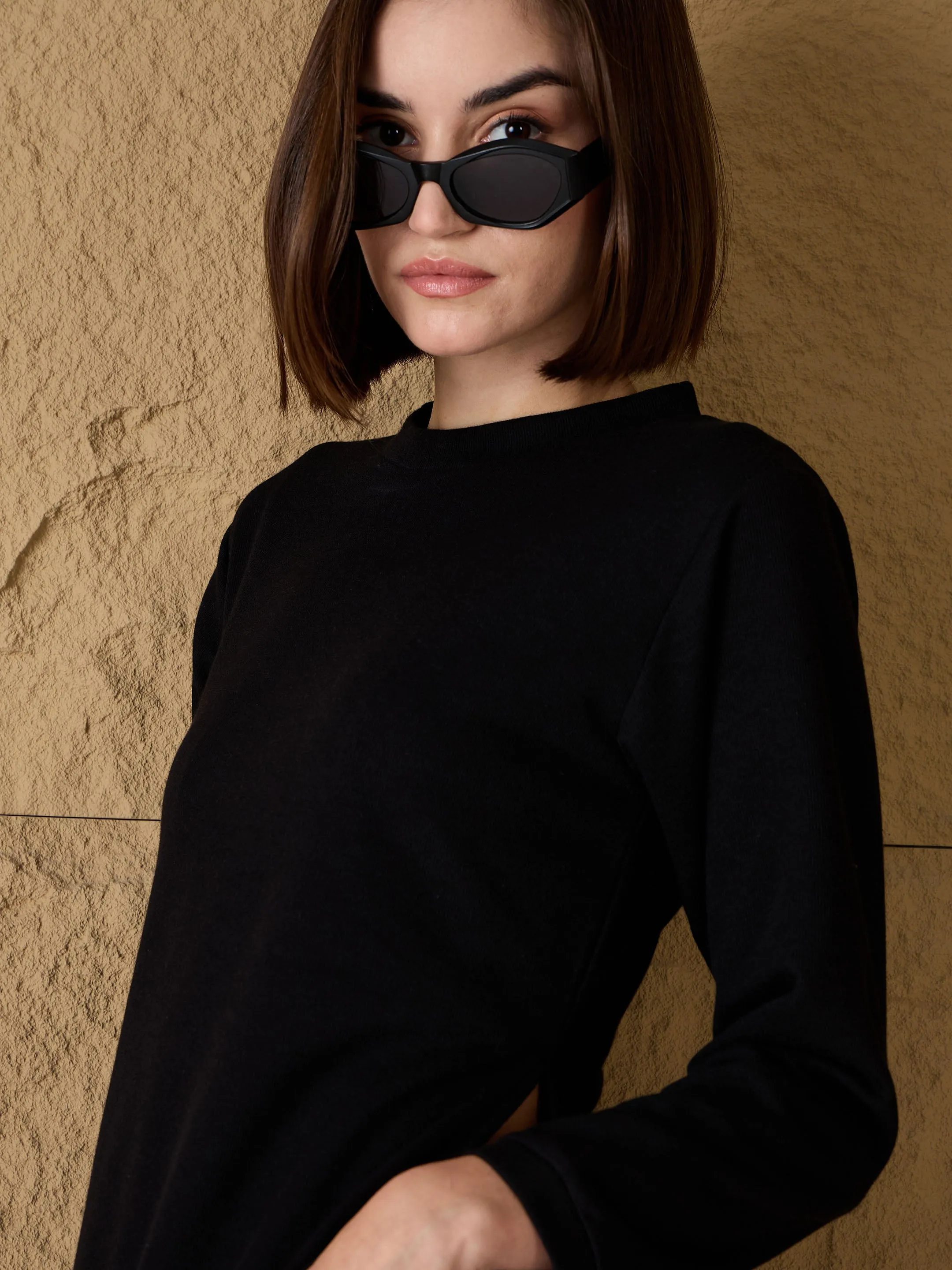 Women Black Round-Neck High Slit Sweater