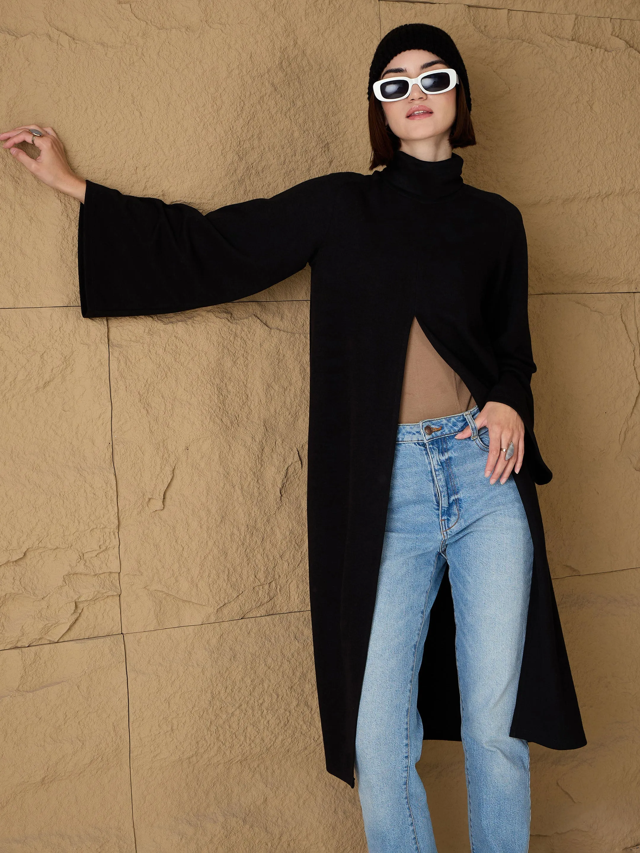 Women Black Turtle-Neck Front High Slit Sweater