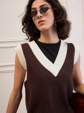 Women Brown & White Solid V-Neck Sweater Vest