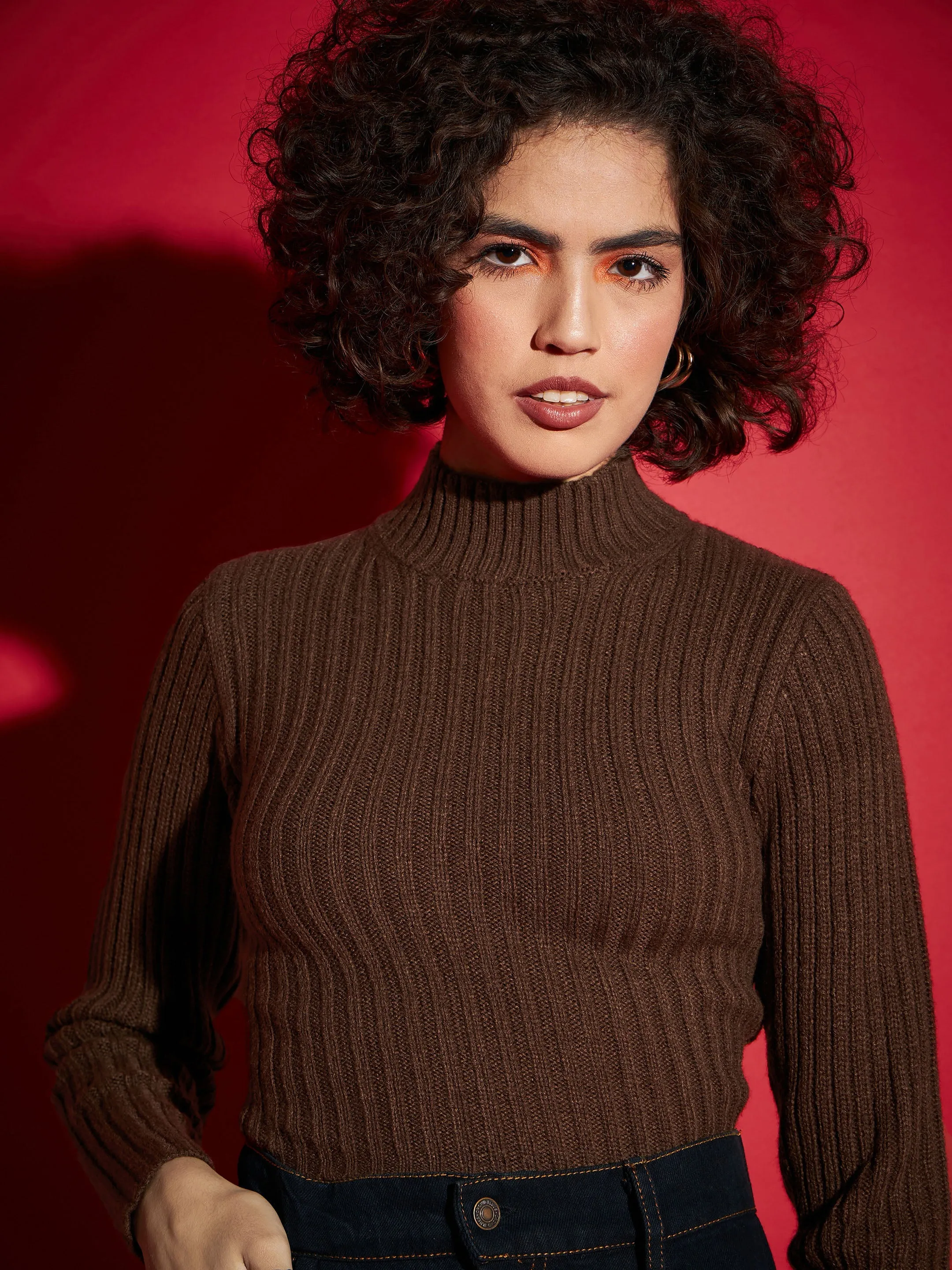 Women Brown Rib High Neck Full Sleeves Sweater