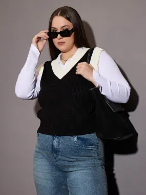 Women Curve Black & White Solid V-Neck Sweater Vest