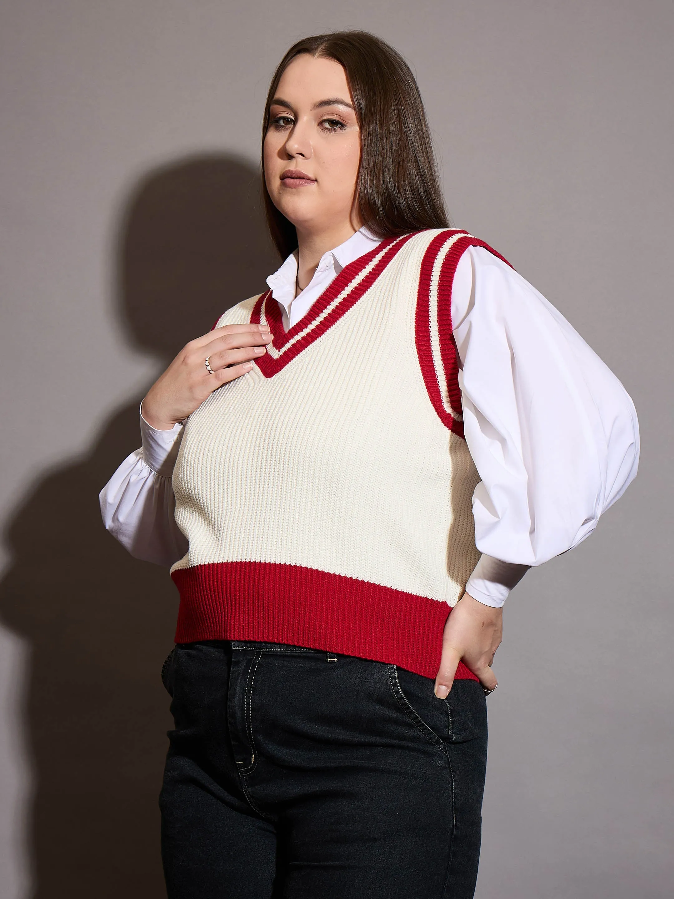 Women Curve Red & White Striped V-Neck Sweater Vest