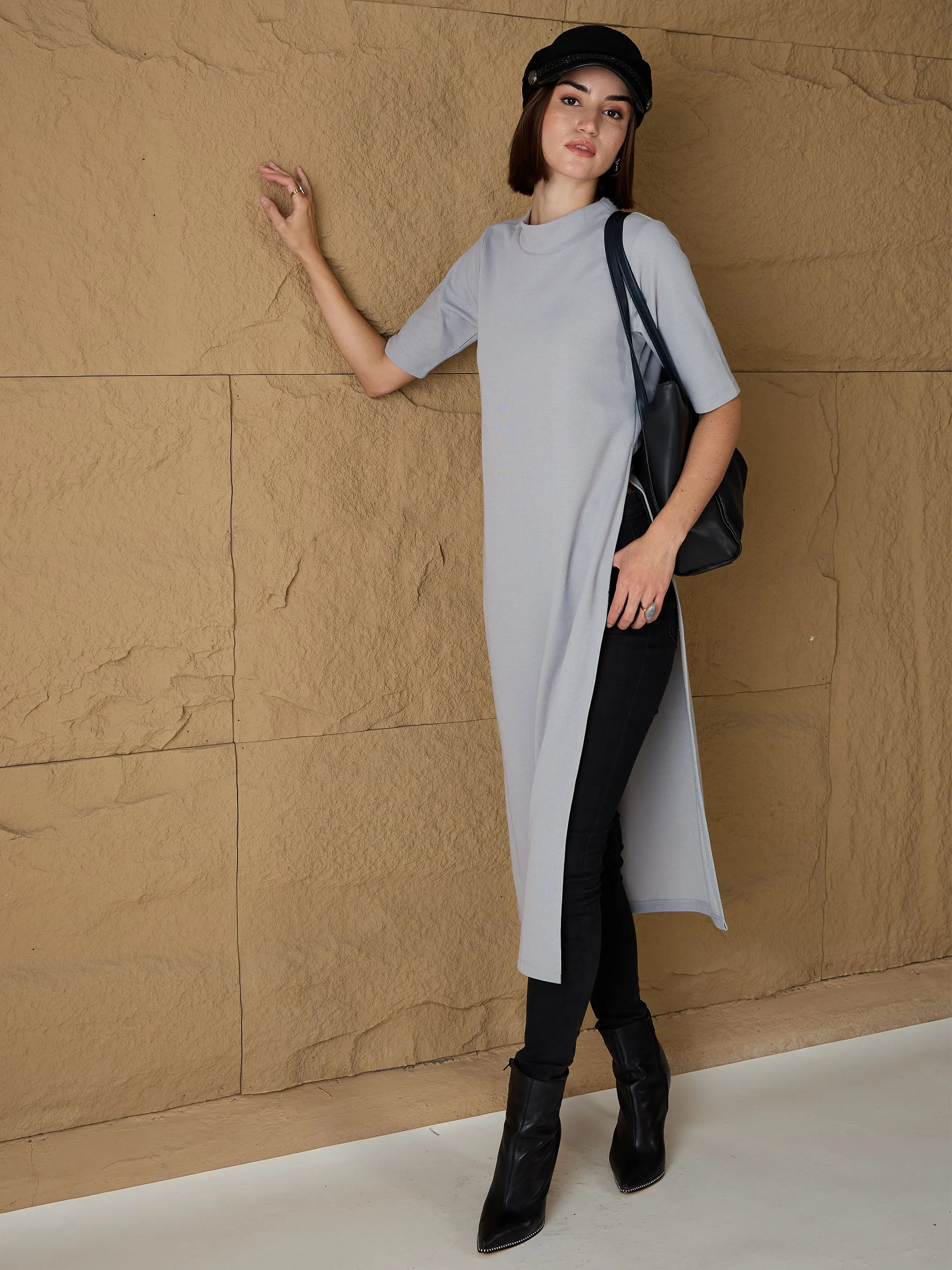 Women Grey High-Neck High Slit Sweater