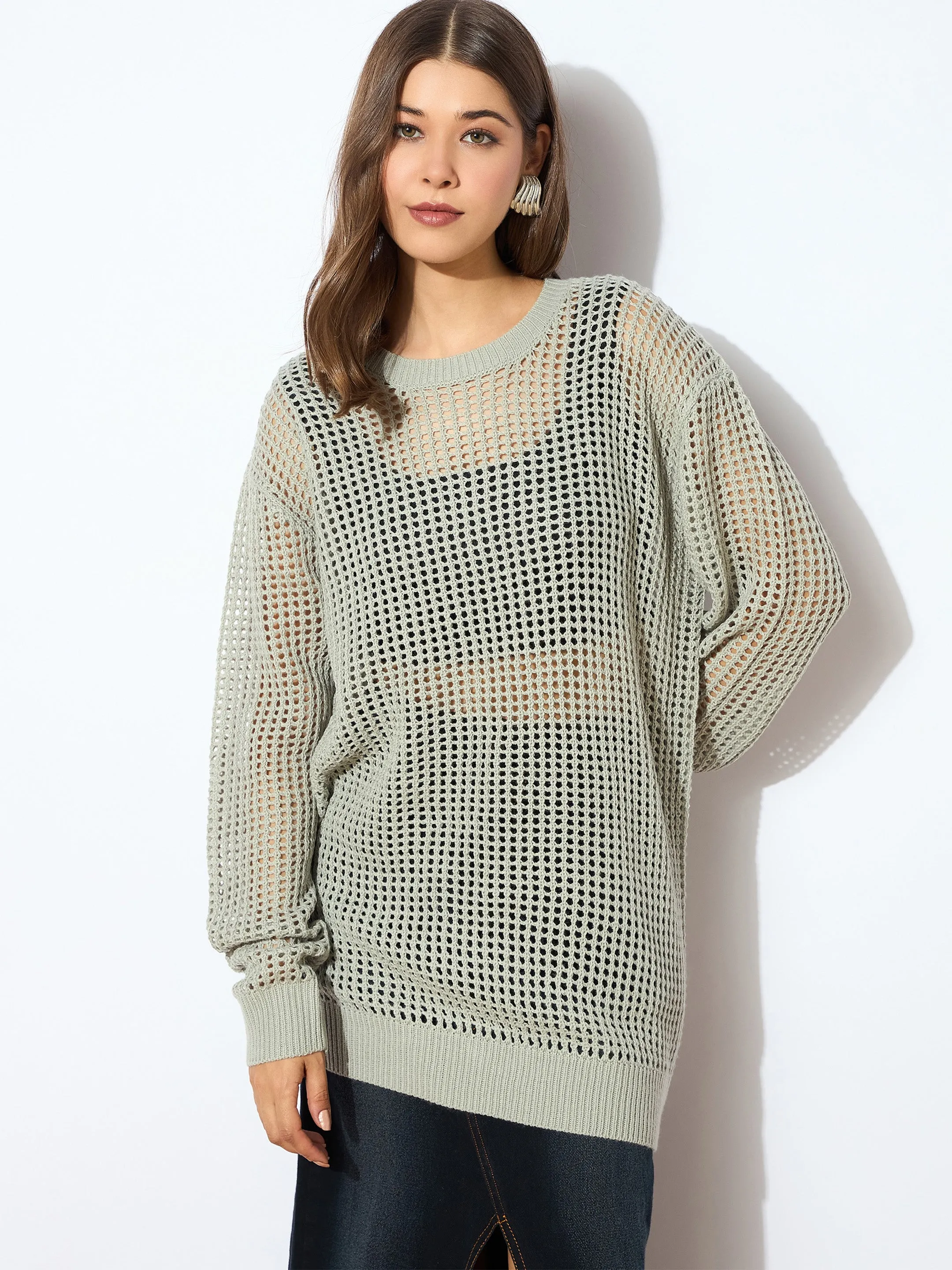 Women Grey Oversized Crochet Sweater