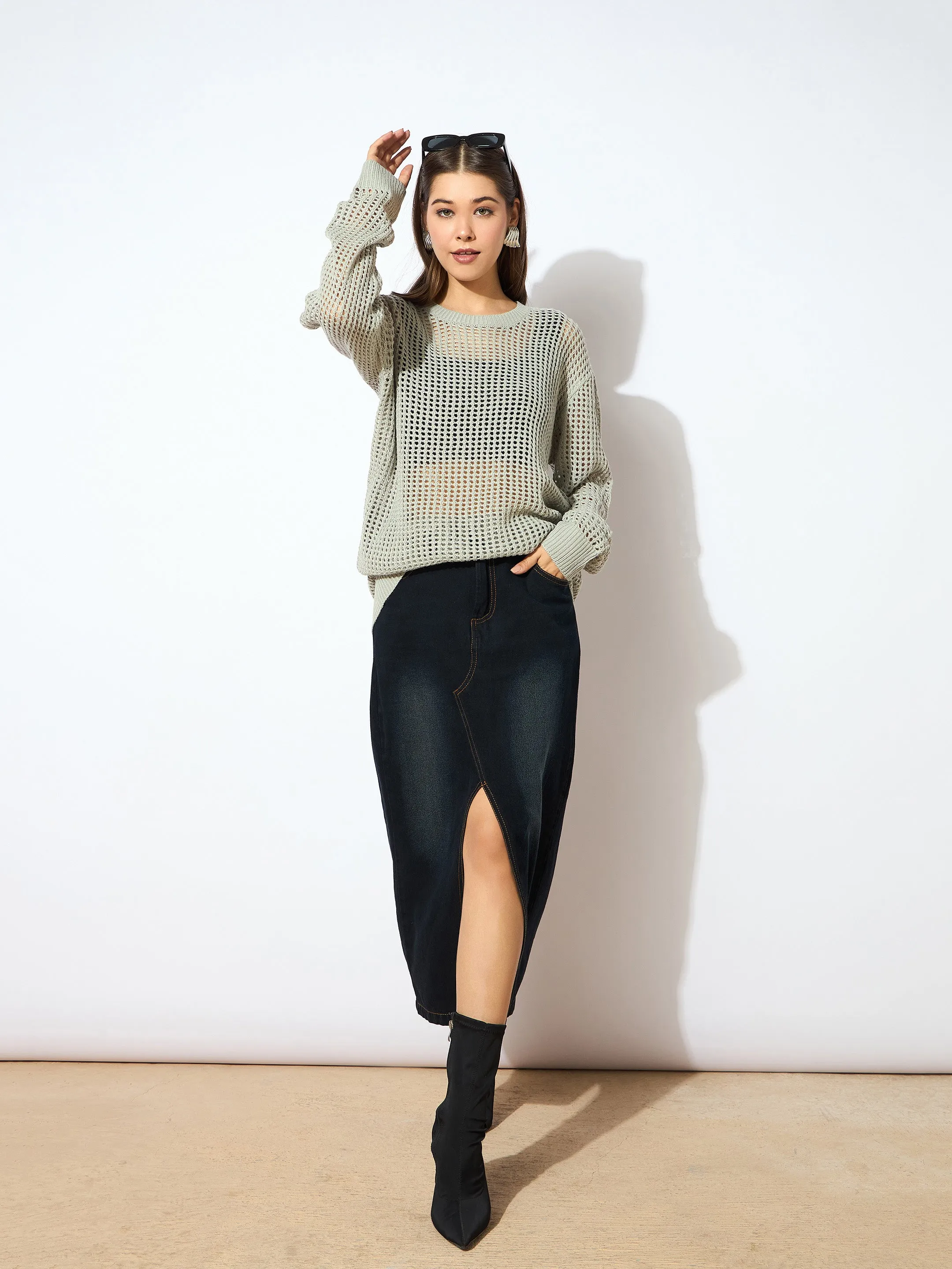 Women Grey Oversized Crochet Sweater