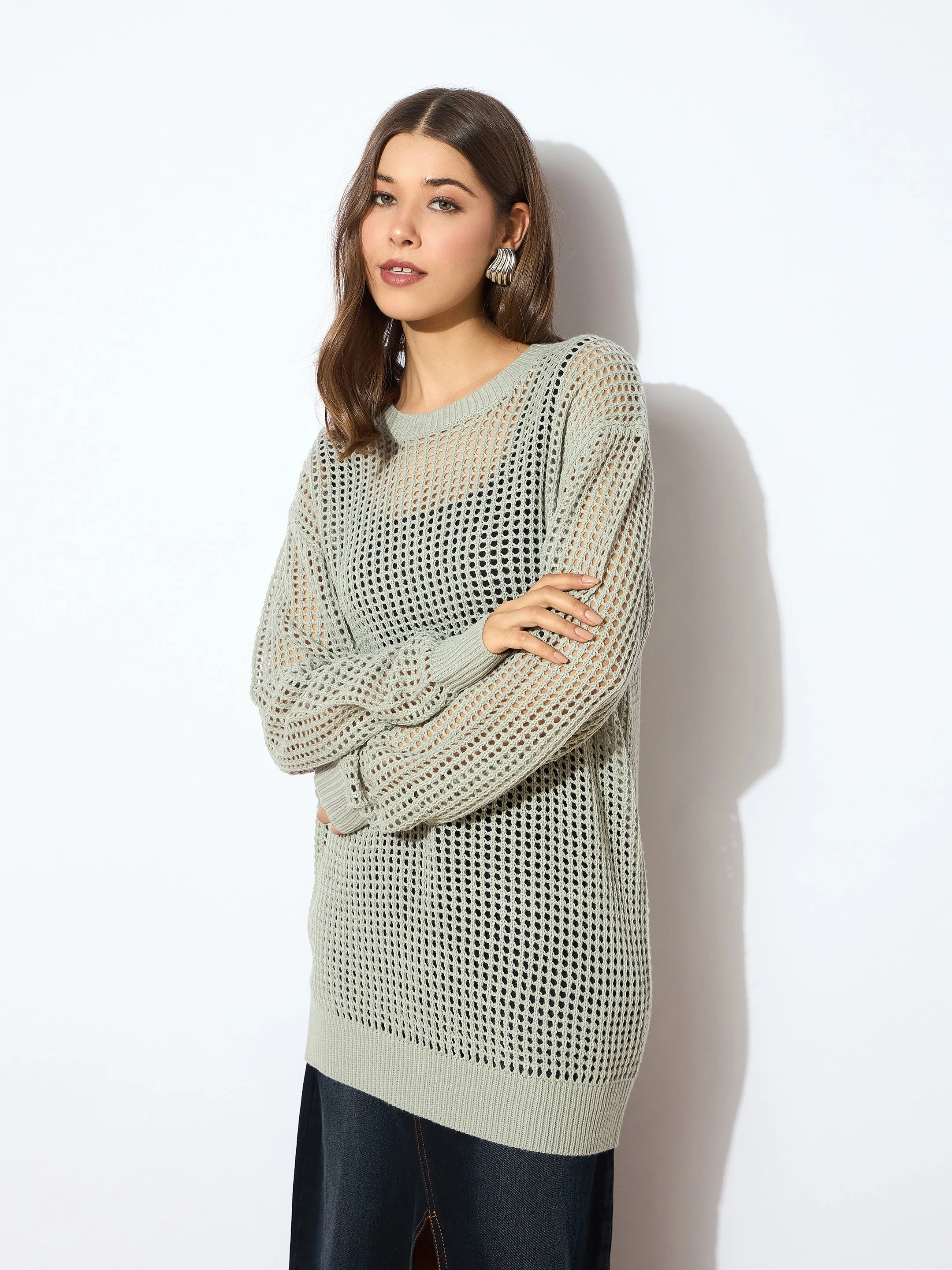 Women Grey Oversized Crochet Sweater