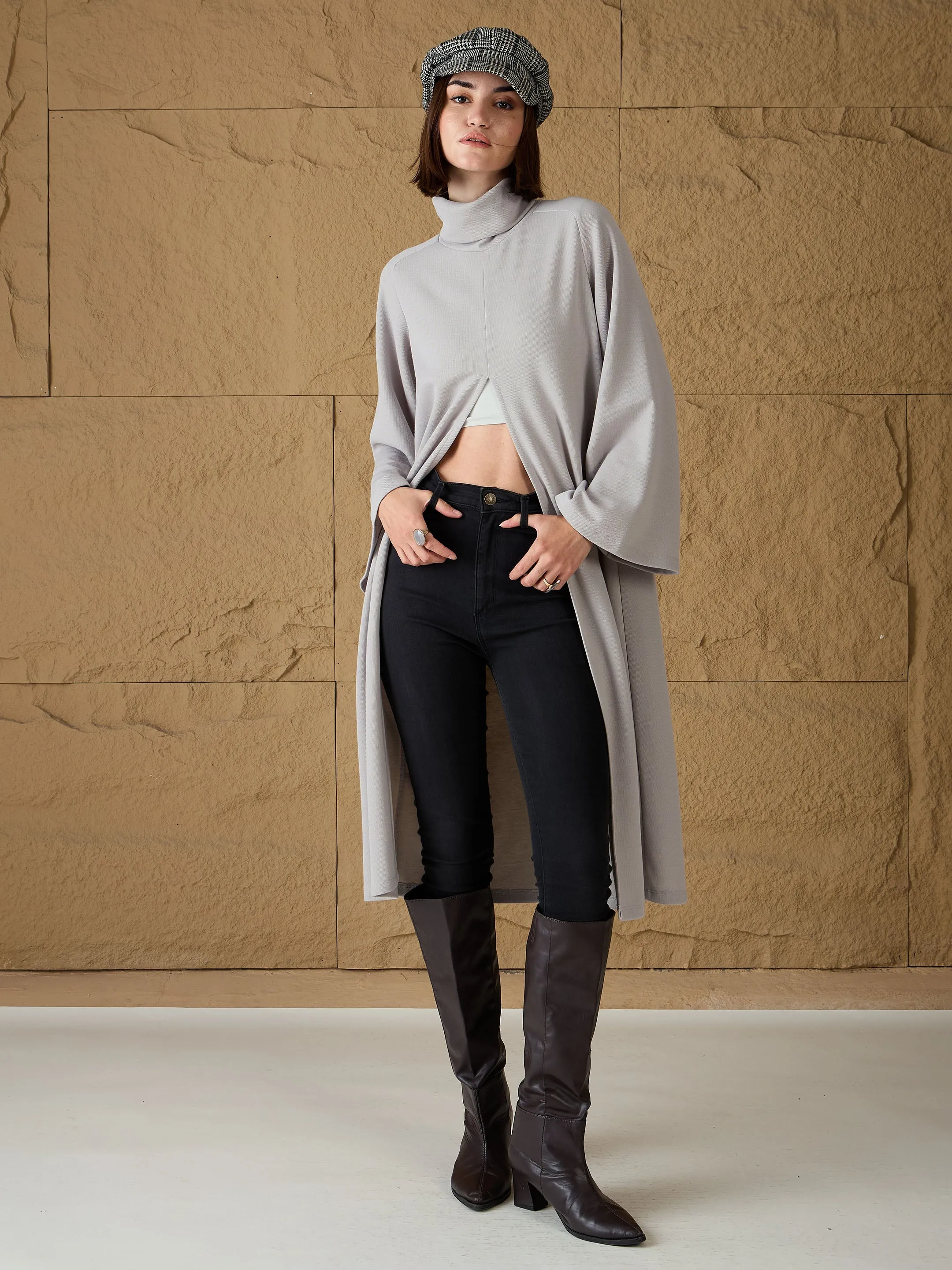 Women Grey Turtle-Neck Front High Slit Sweater