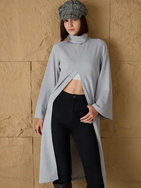 Women Grey Turtle-Neck Front High Slit Sweater