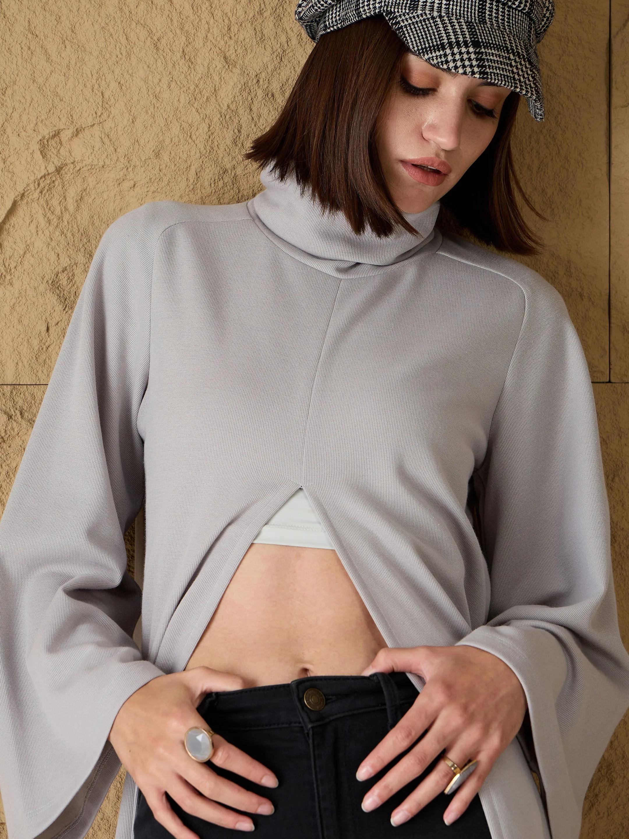 Women Grey Turtle-Neck Front High Slit Sweater