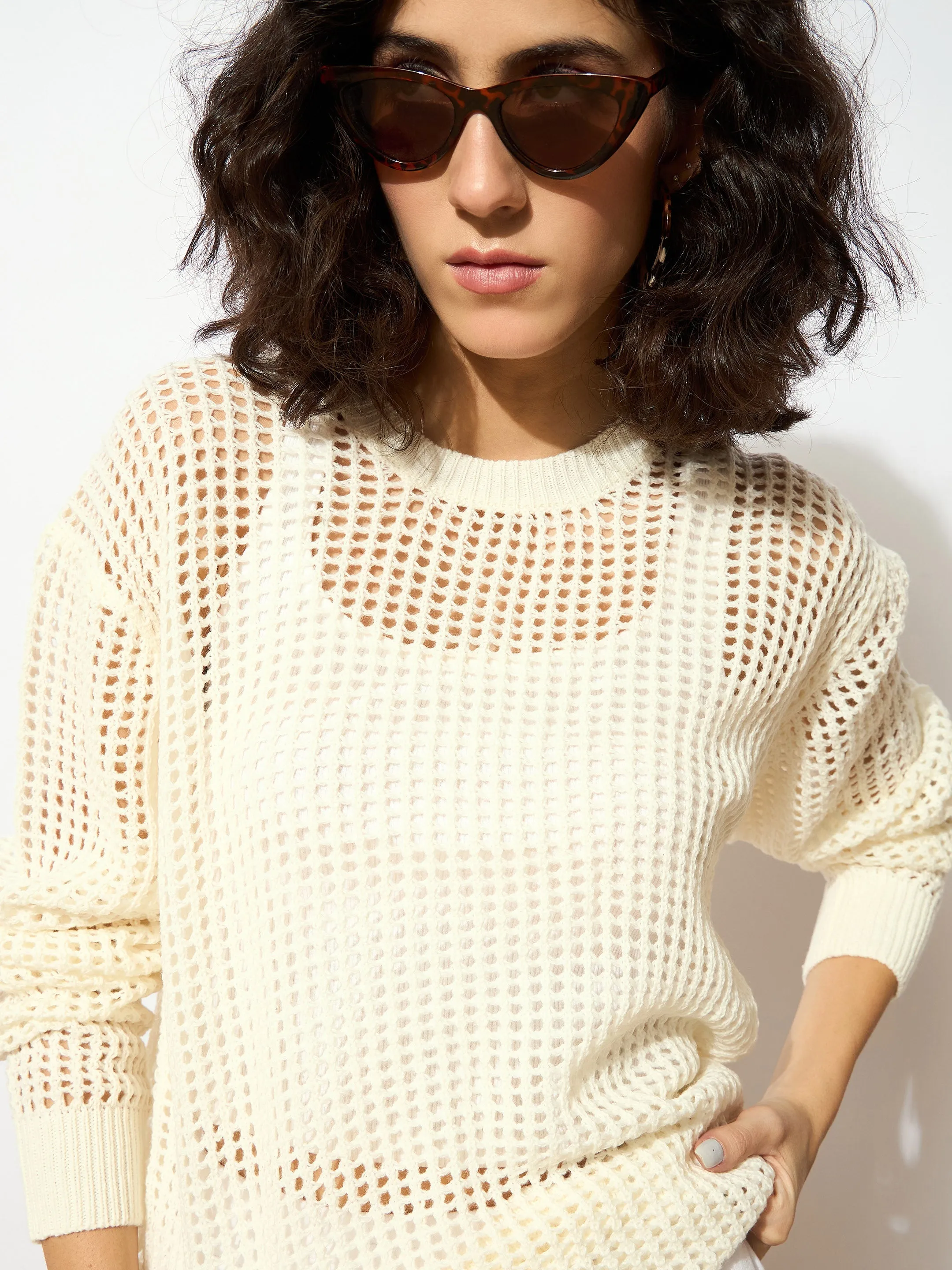 Women Off White Oversized Crochet Sweater