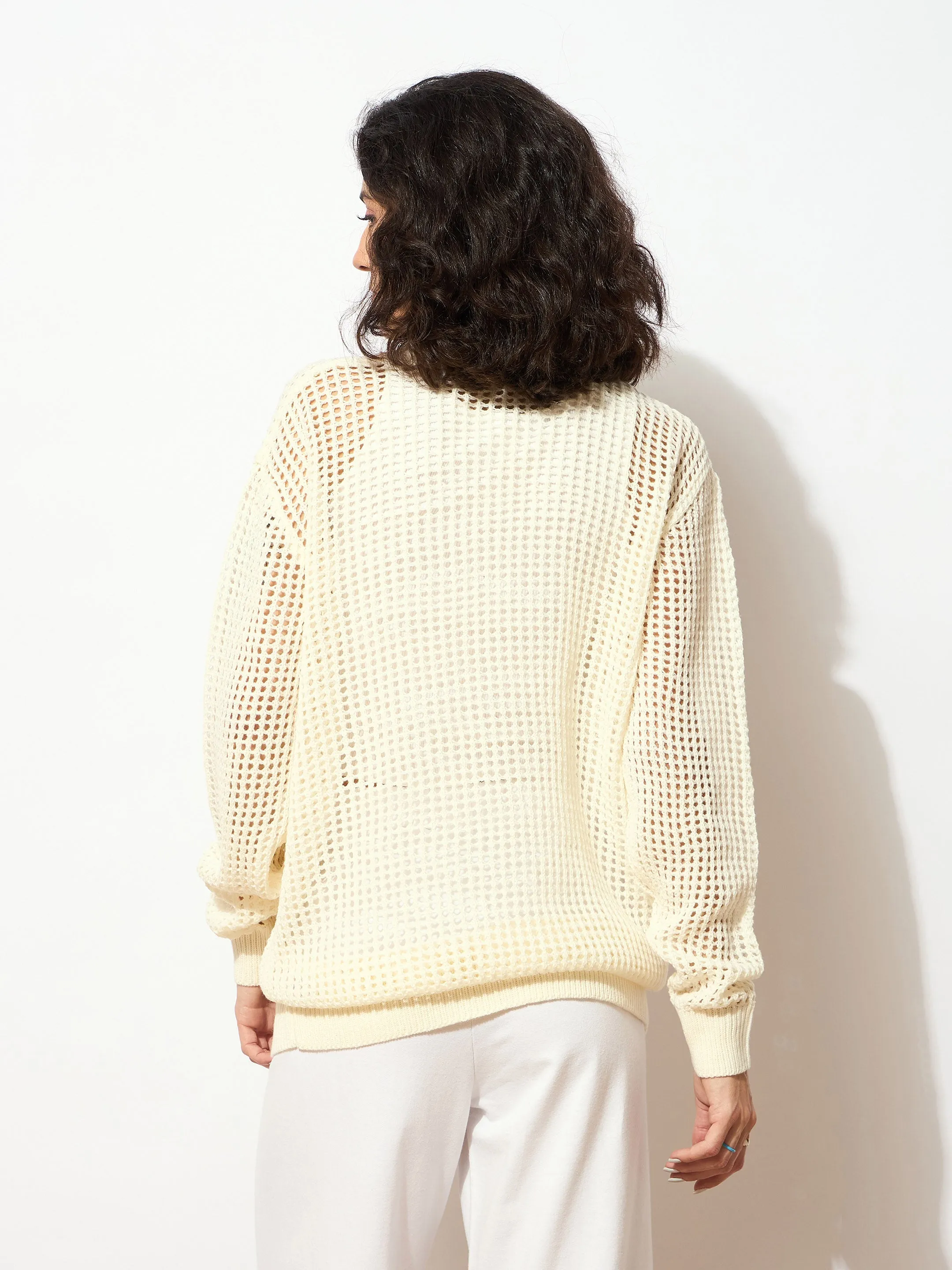 Women Off White Oversized Crochet Sweater