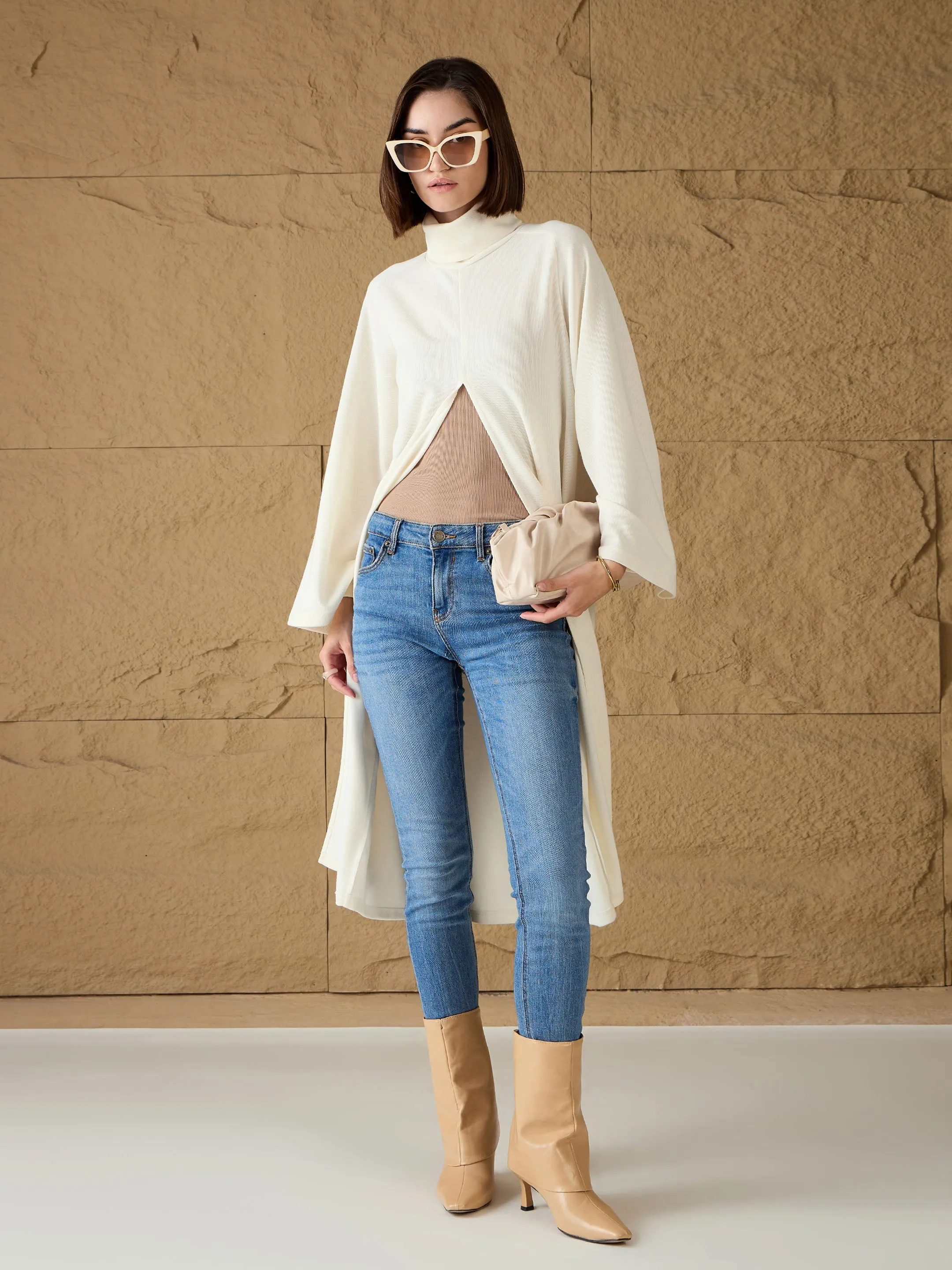 Women Off-White Turtle-Neck Front High Slit Sweater