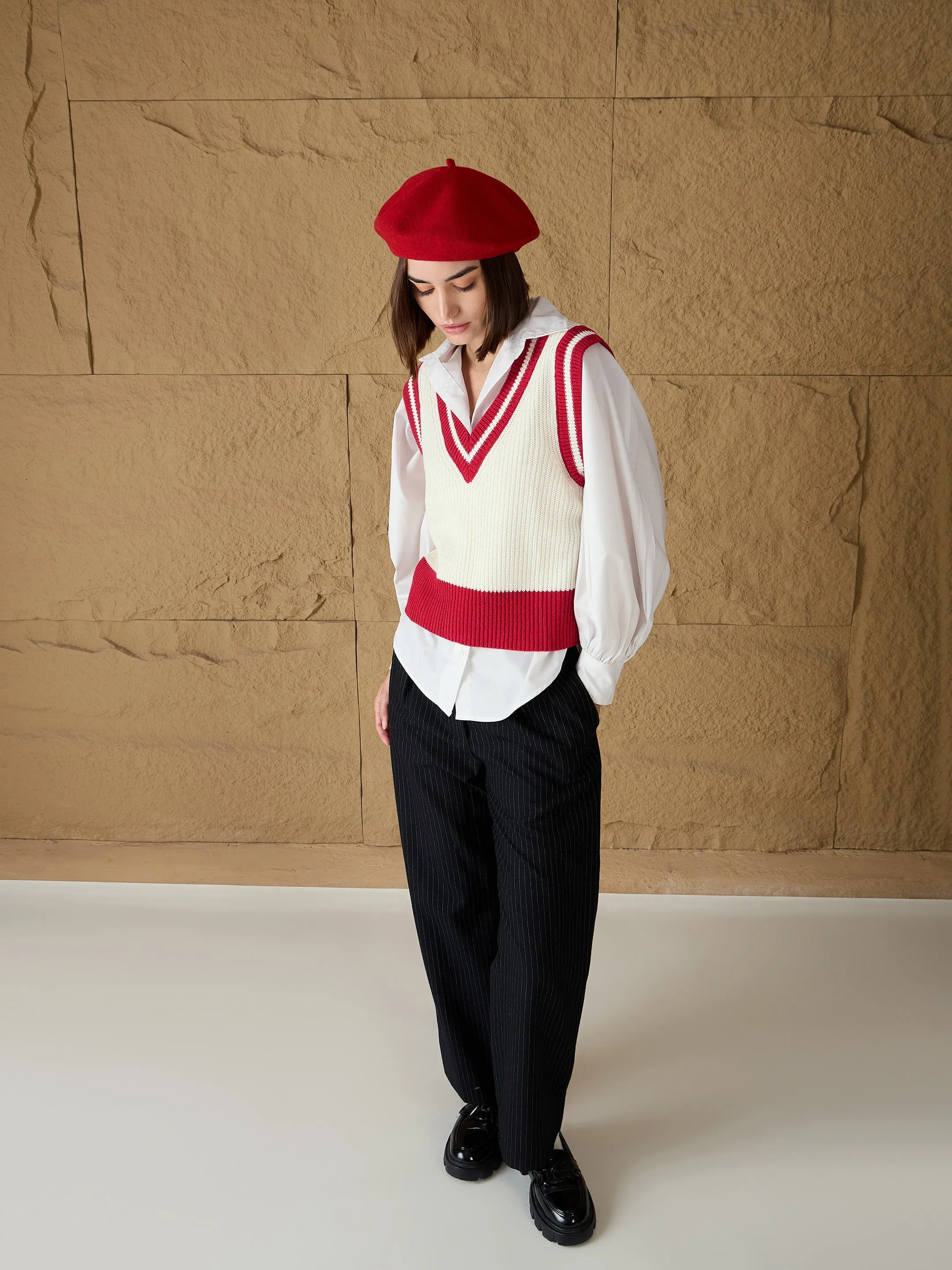 Women Red & White Striped V-Neck Sweater Vest