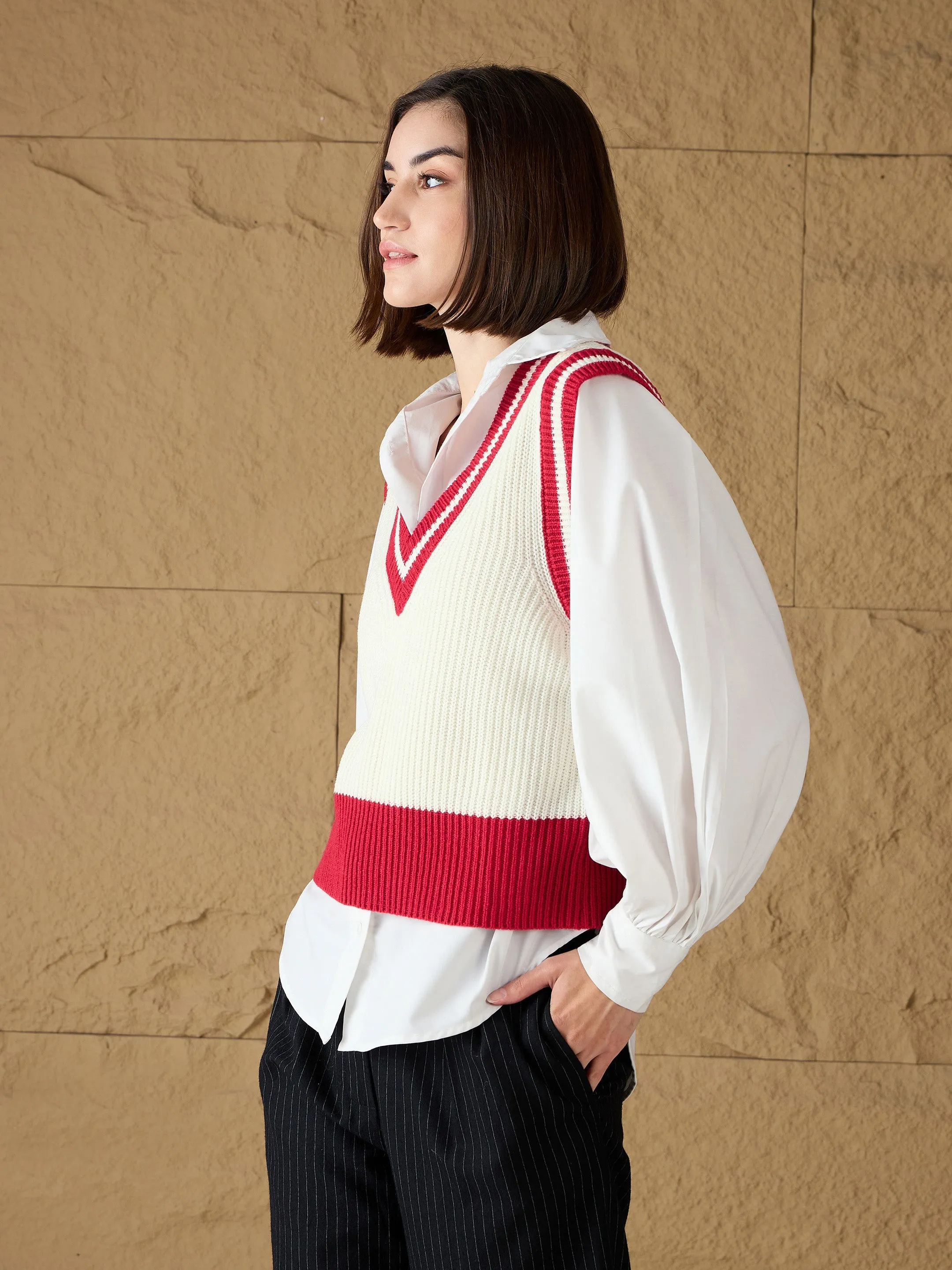 Women Red & White Striped V-Neck Sweater Vest